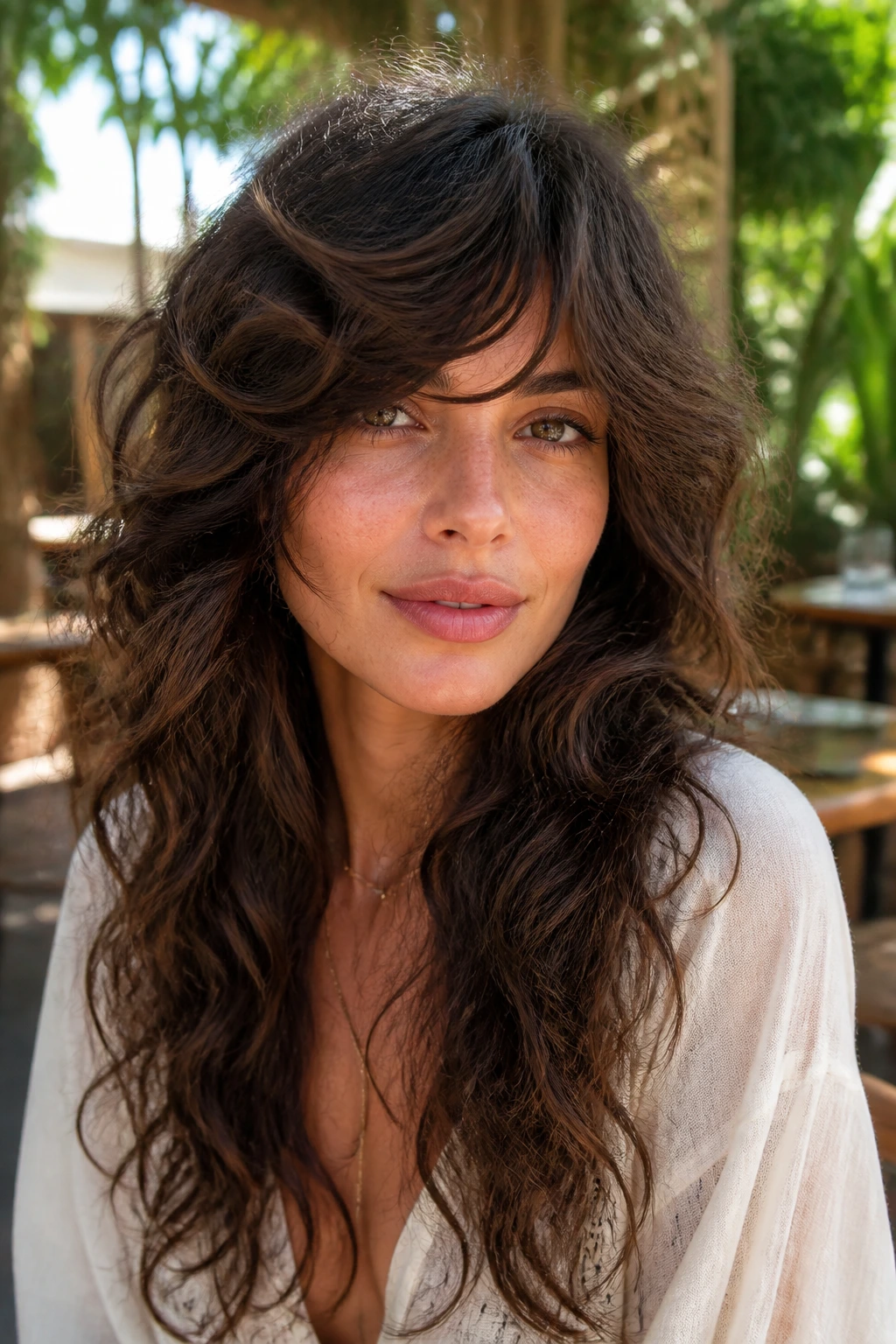 Medium close-up of a real woman with long boho shag and sweeping fringe.