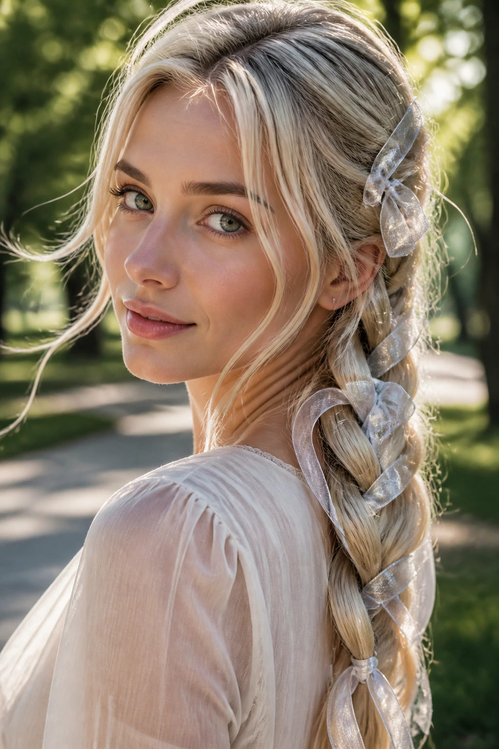 Close-up portrait of a real woman with a long braid and frosted ribbons in a park