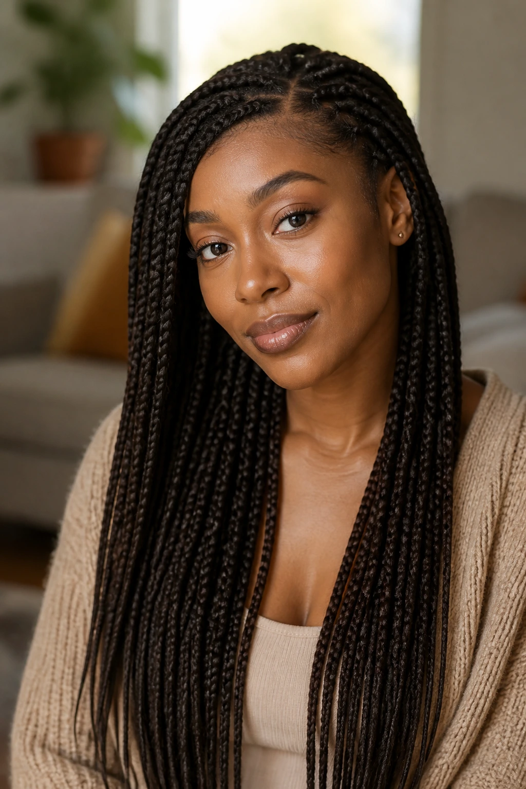 Woman with long braids in a cozy room looking relaxed
