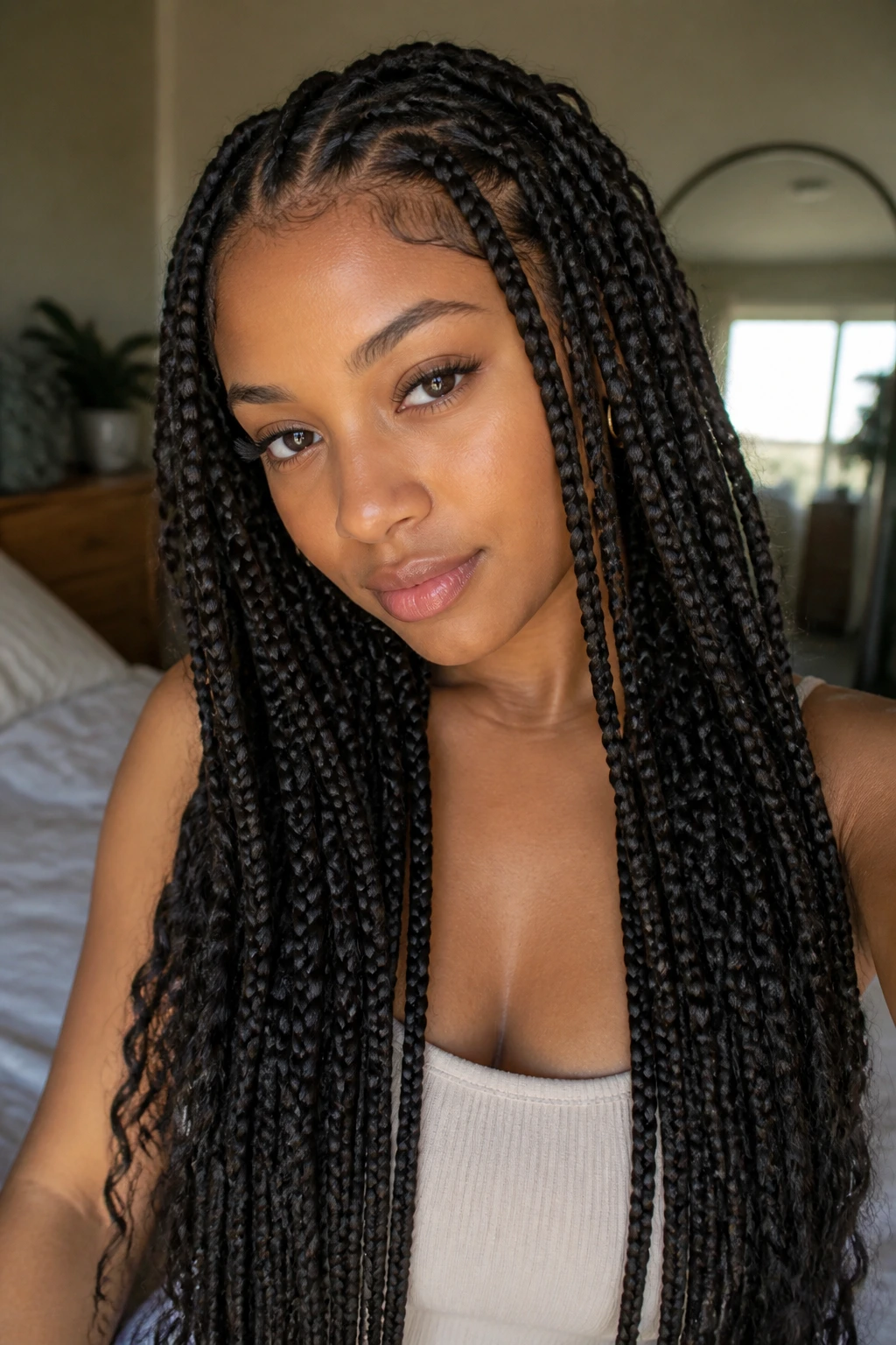 Close-up portrait of a real person with waist-length knotless box braids framing the face