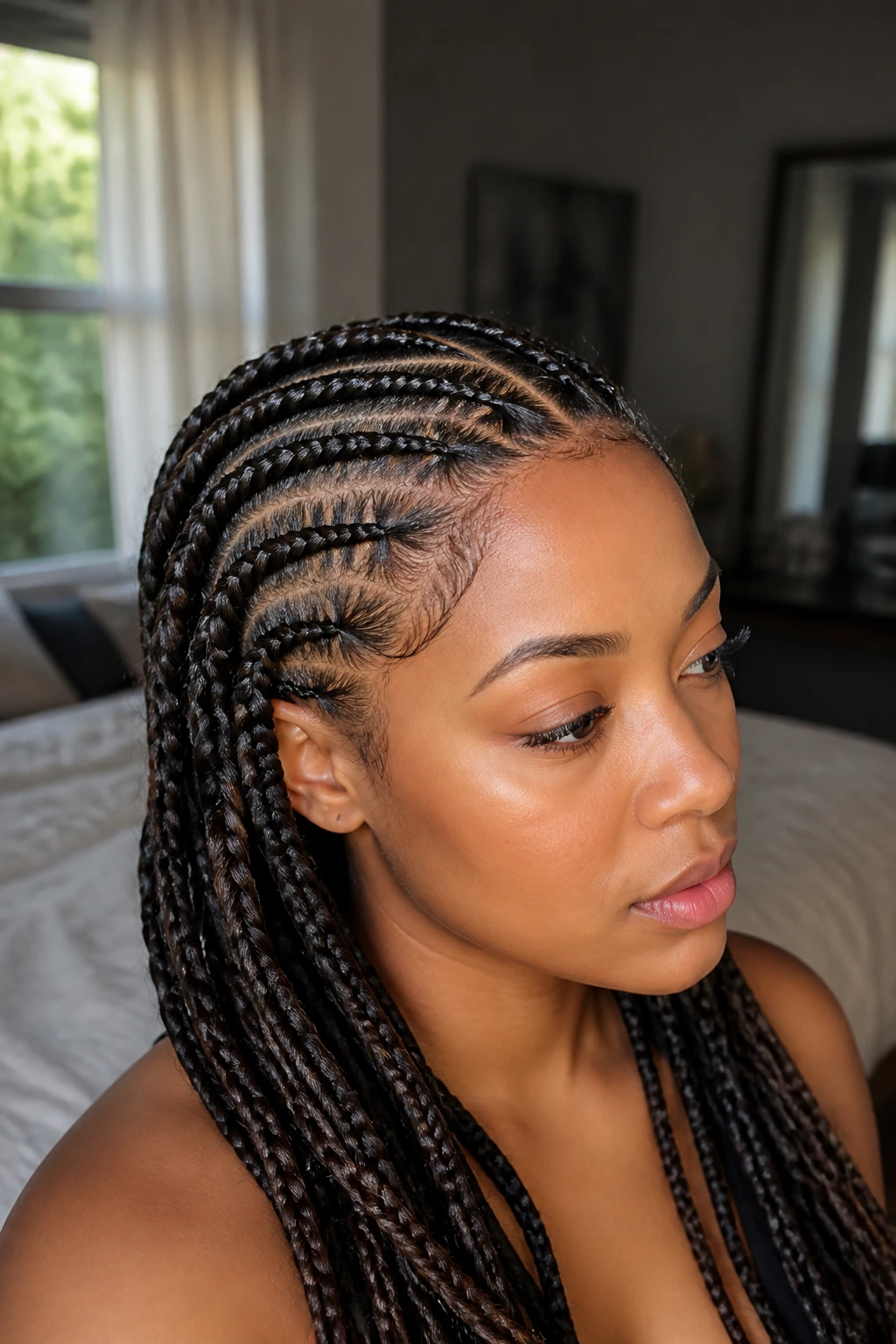Close-up portrait of a real woman with long braids on wavy hair showing flat roots and grip