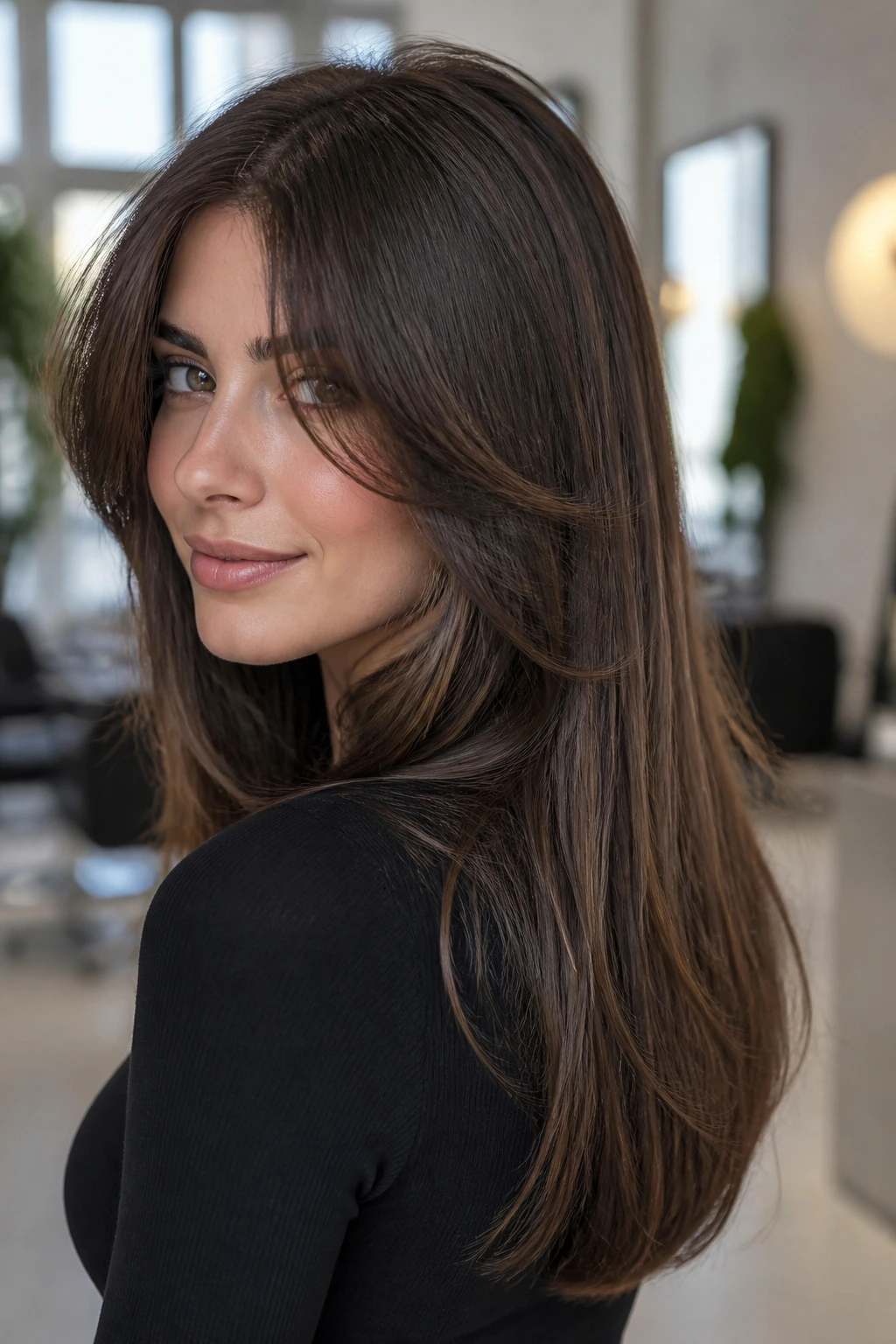 Close-up of a real person with a long C-cut and feathered face frame in a salon setting.