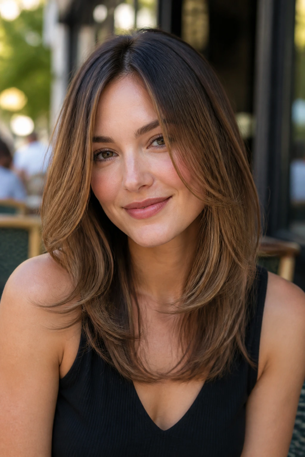 Portrait of a real woman with long C-shaped layers framing a narrower jawline.