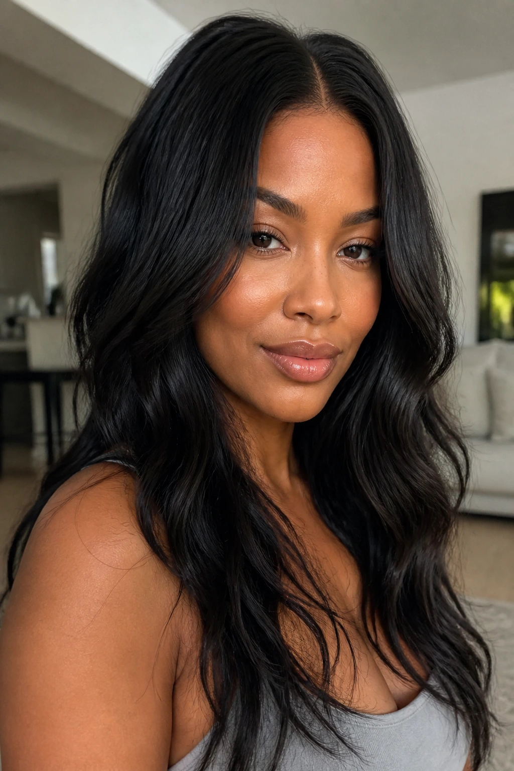 Portrait of a person with long center-part waves and soft lift.