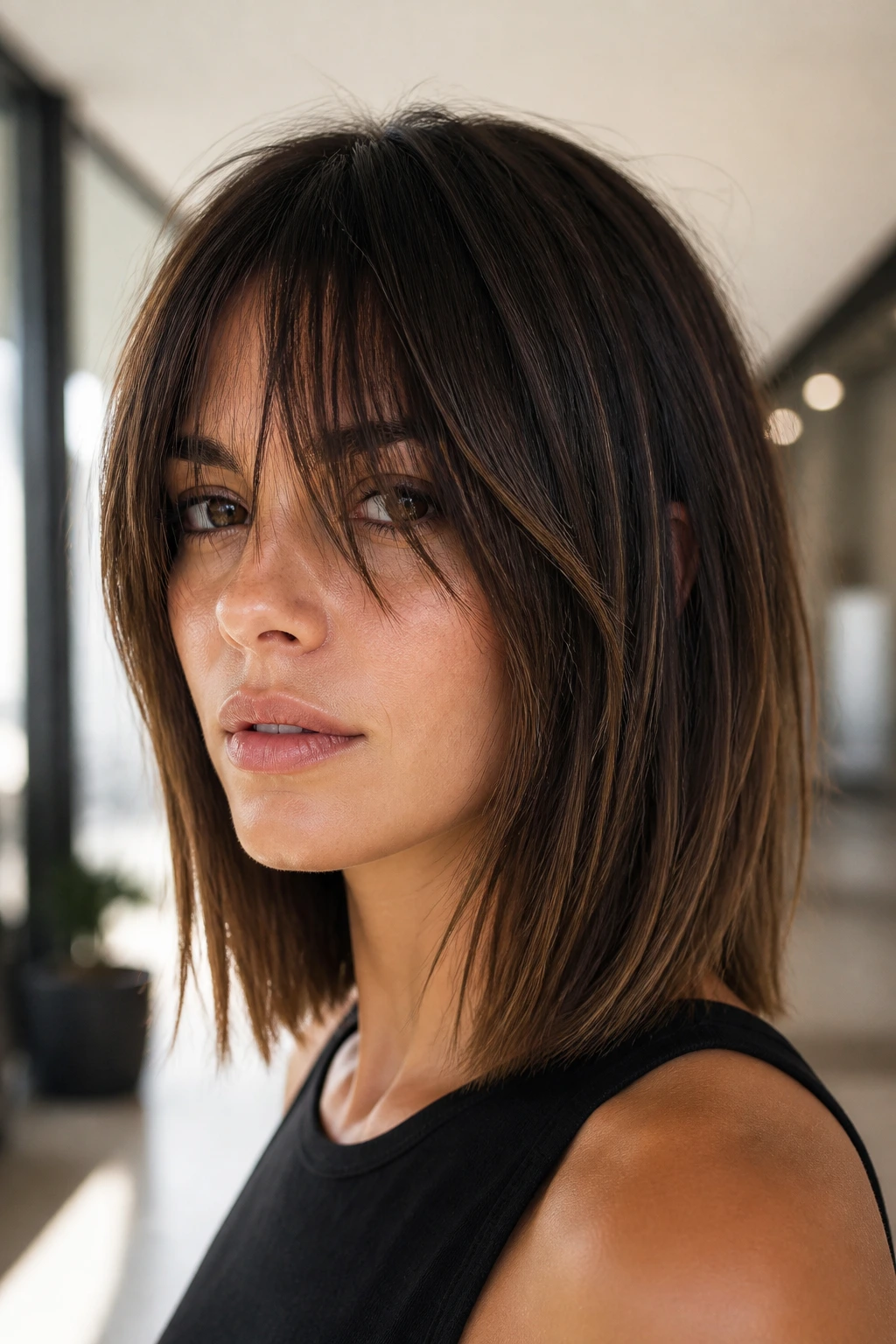 Close-up portrait of a real woman with long choppy fringe on a sleek lob
