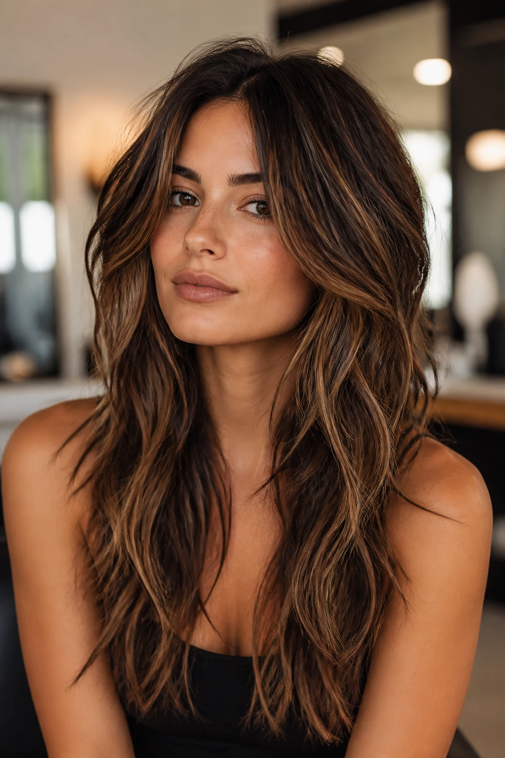 Close-up of a real person with long choppy layers framing the face