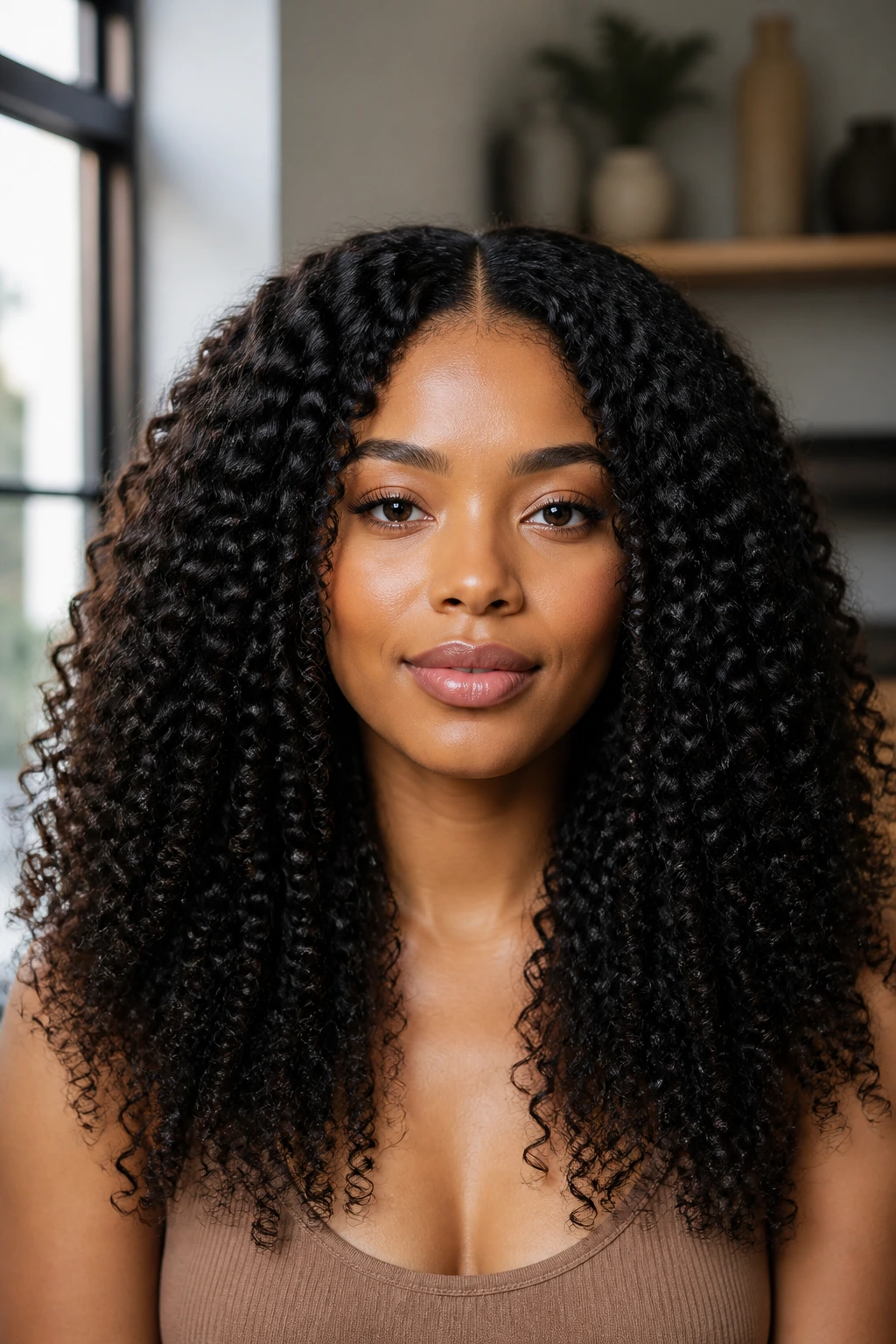 Close-up of a real woman with long natural coils forming a rounded halo