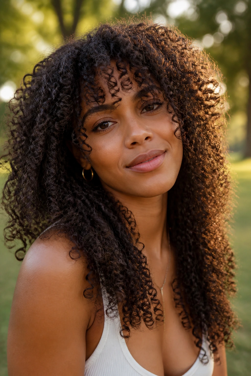 Close-up of a real person with long coil curls and skimming fringe outdoors at golden hour