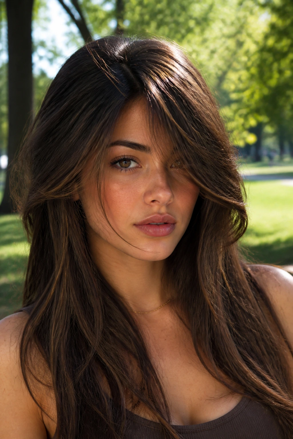 Close-up of long corner side fringe framing an oval face in a sunny park.