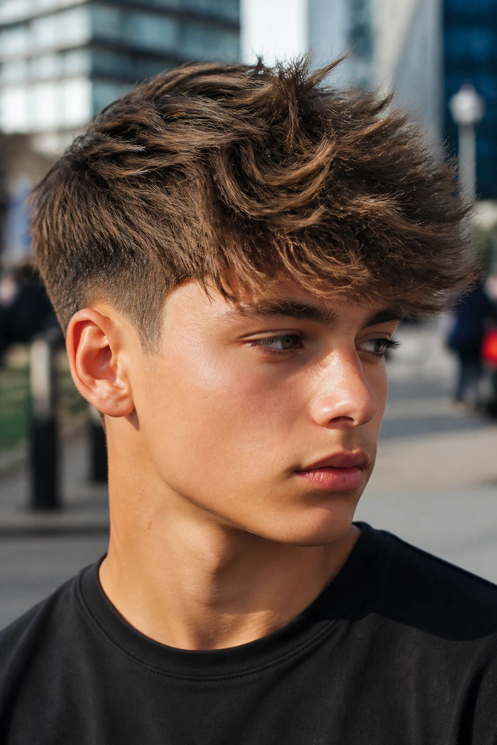 Boy with a long textured top crop and swept fringe in natural daylight.