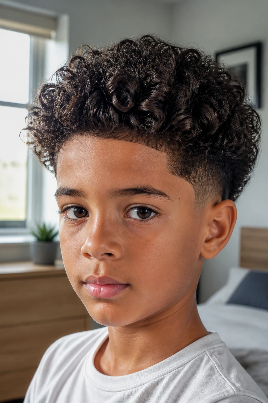 Portrait of a child with long crown fade and low taper