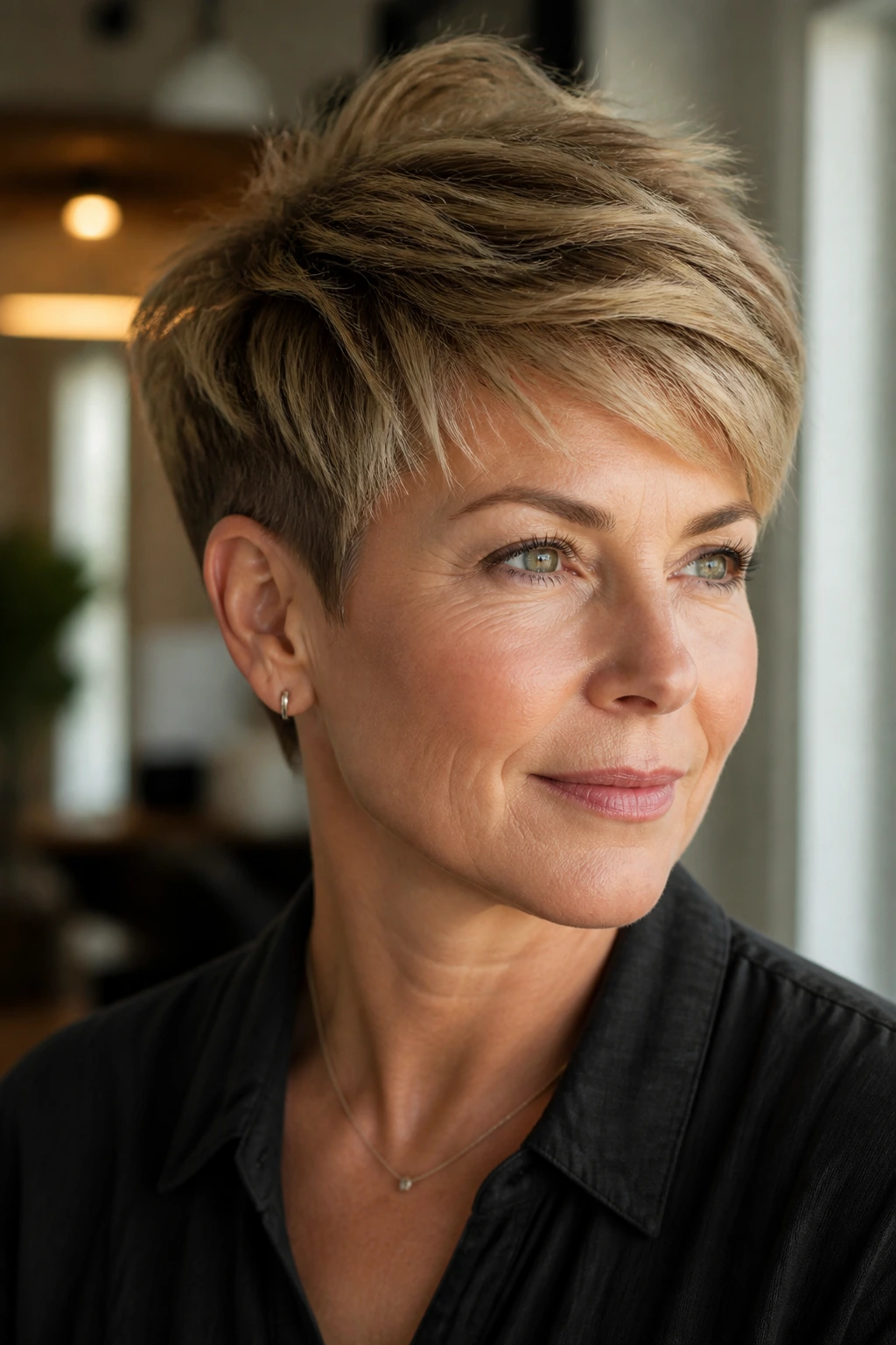 Close-up of a real woman with a long-crown pixie hairstyle.