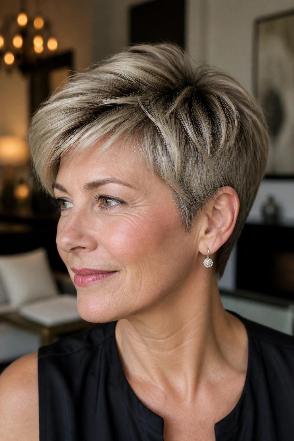 Close-up of a 50s woman with a long-crown pixie and lifted crown.