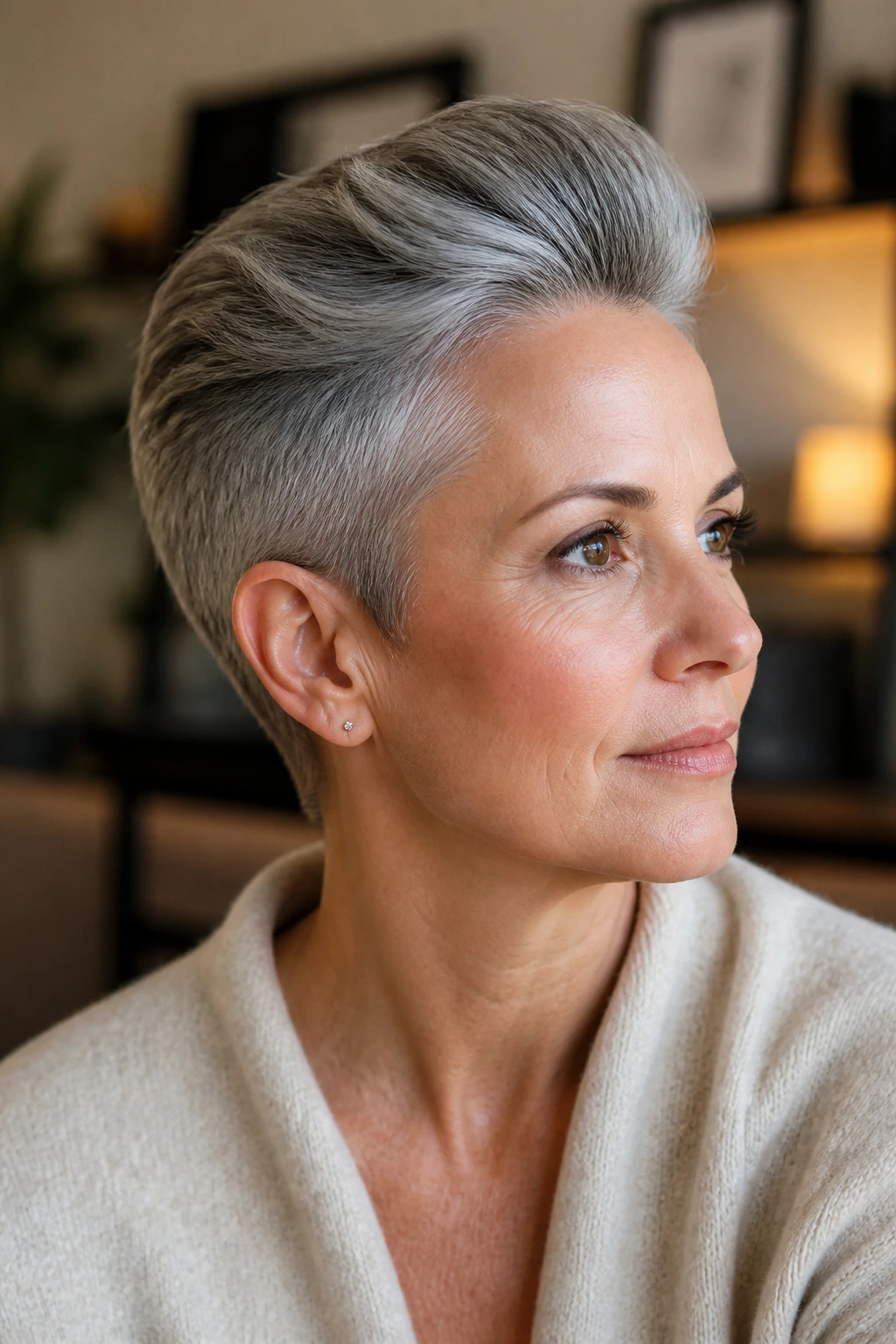 Close-up of real person with long-crown pixie and clean nape in gray hair