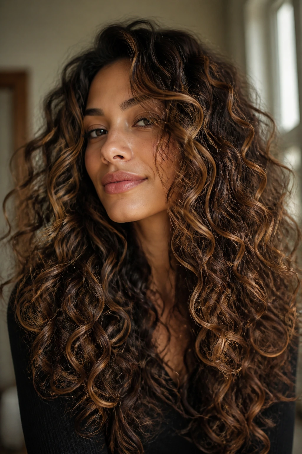Close-up of long curly hair with caramel ribbons around temples