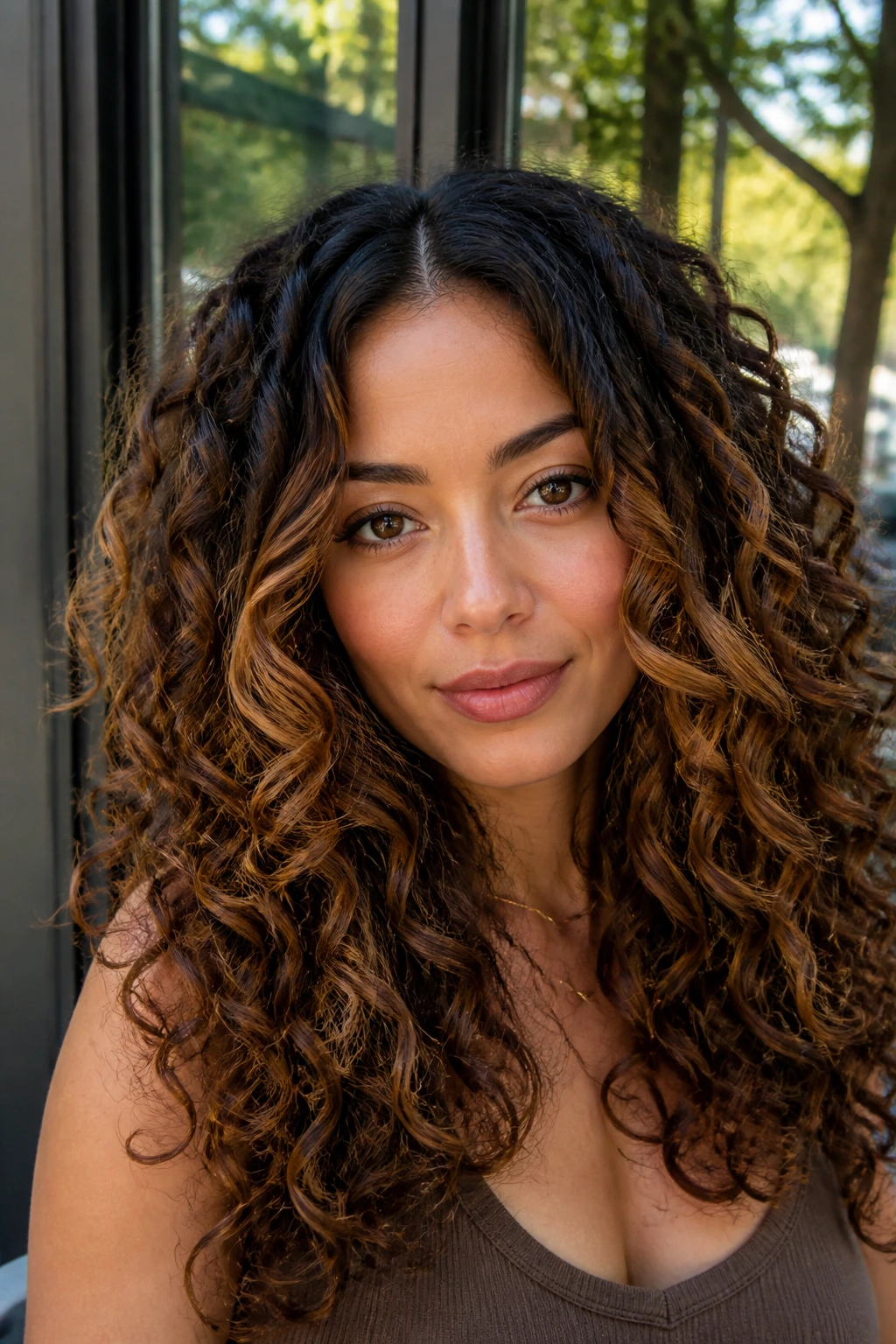 Long curls with cinnamon highlights and center part