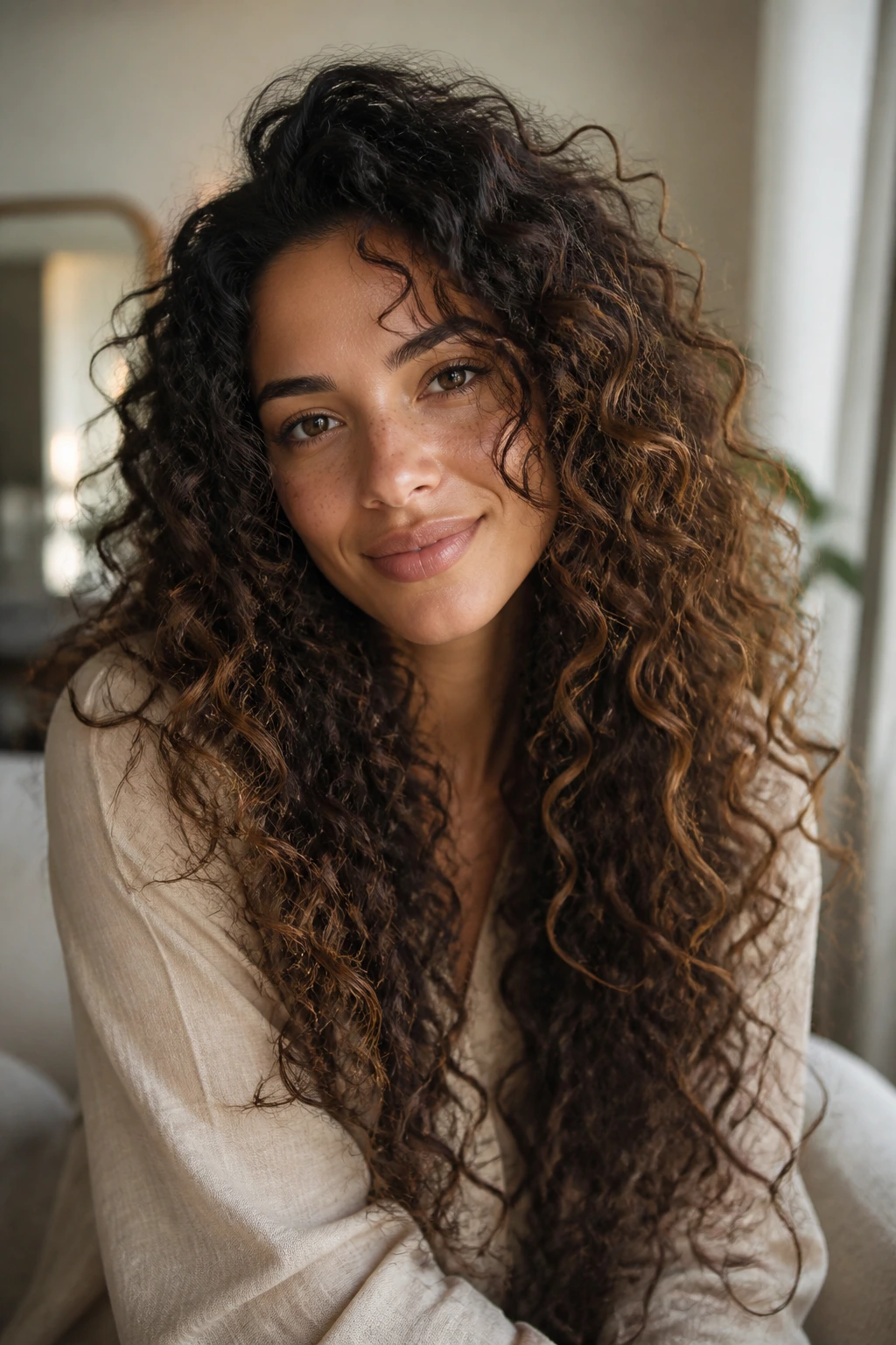 Portrait of a real woman with long curly hair showing lift and shape