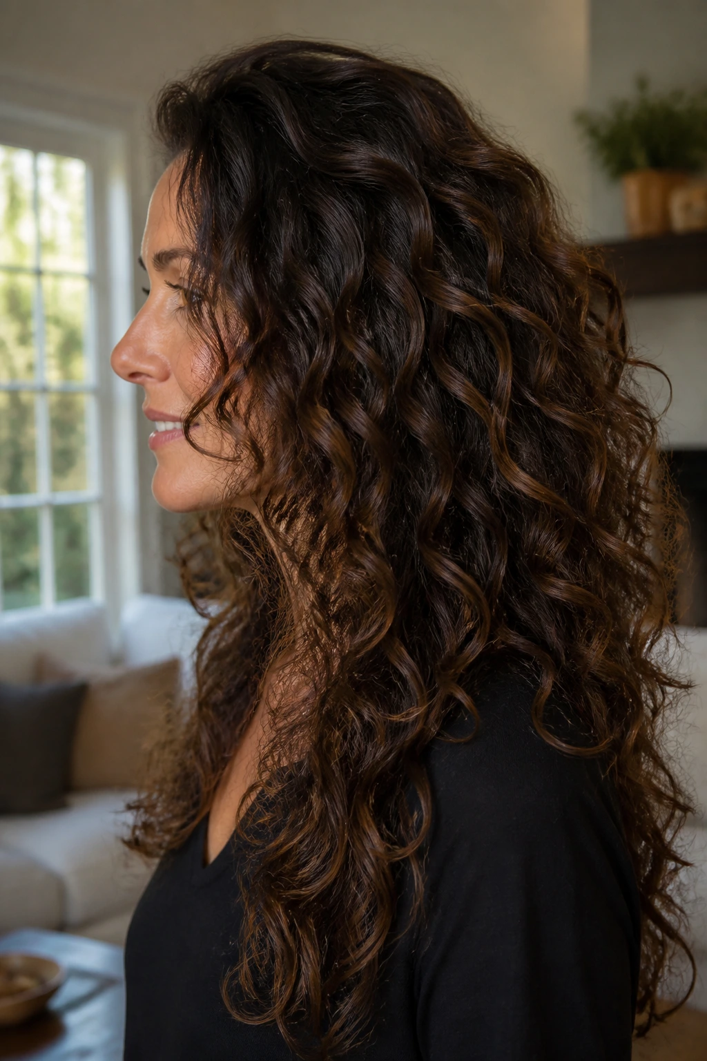 Side-profile of real woman with long curls showing subtle internal layers