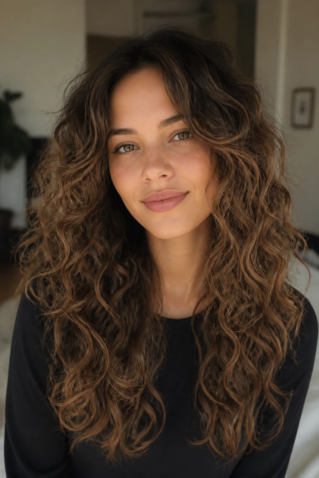 Portrait of a real woman with long curly hair cascading with invisible layers.