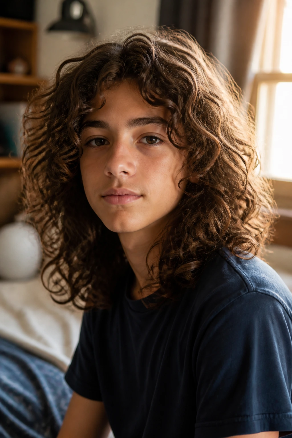 Close-up of a real boy with long curly ringlets and light layered cut