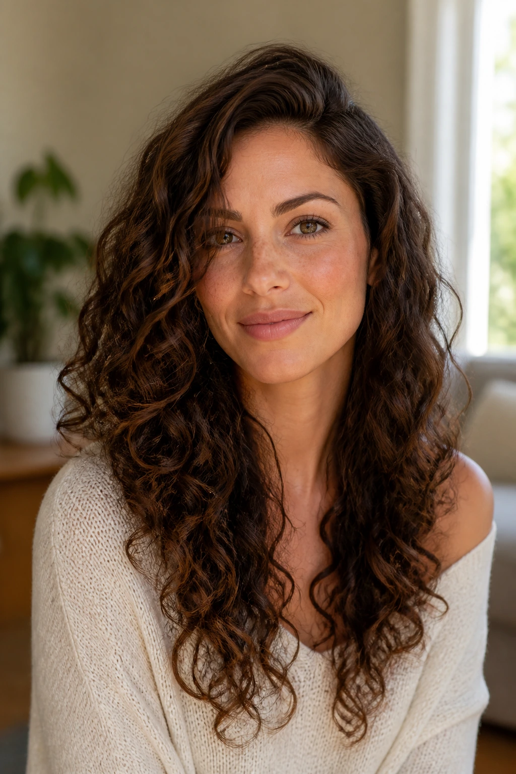Medium close-up of a woman with long curly layers and an off-center part