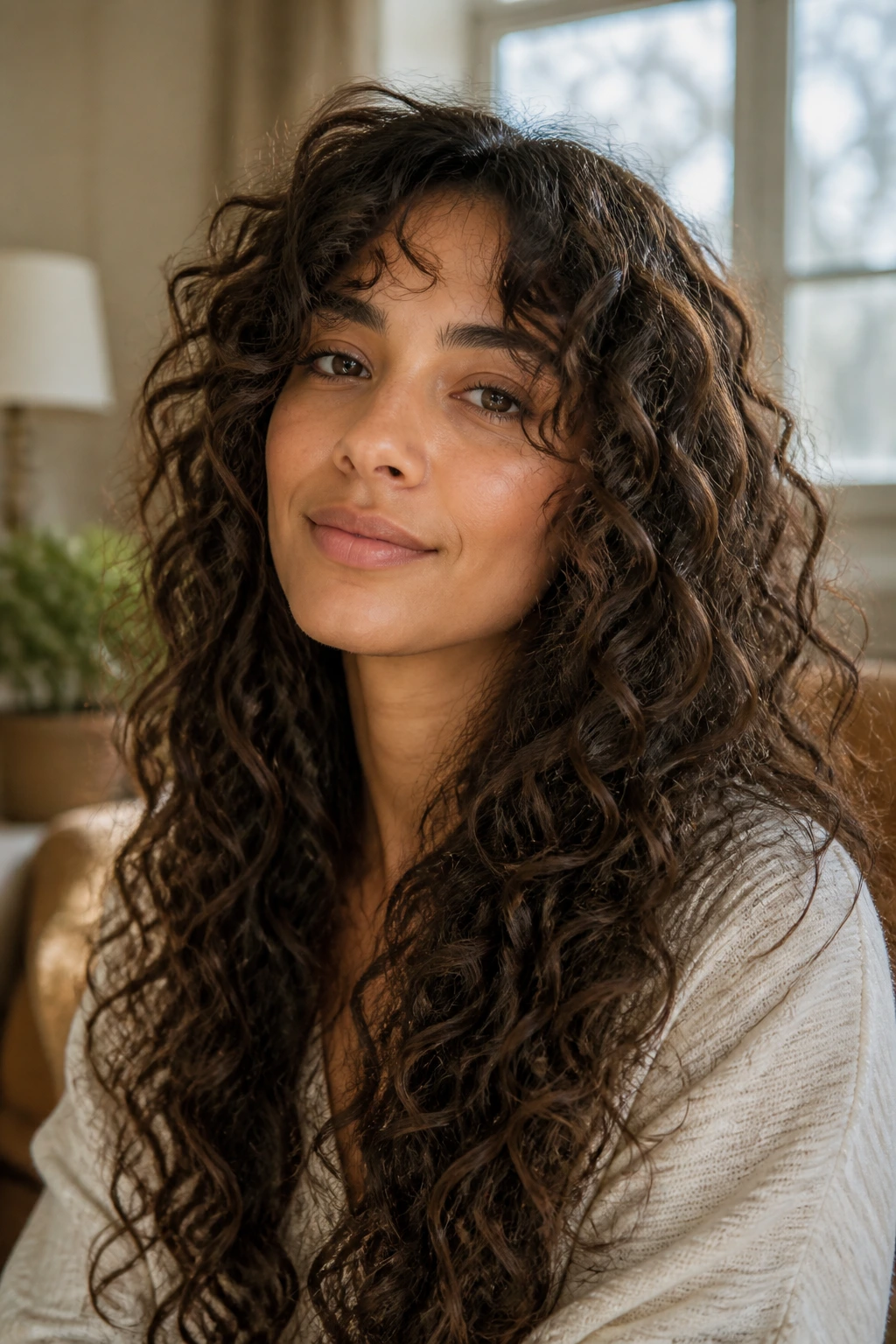 Close-up portrait of a real woman with long curly hair and subtle micro layers