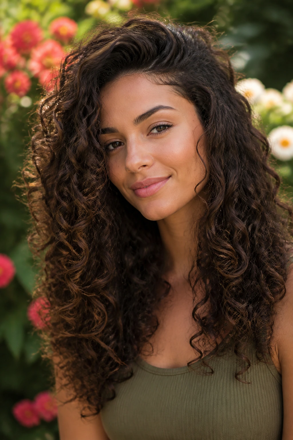 Close-up of a woman with long curls showing a new shape and crown lift in natural outdoor light