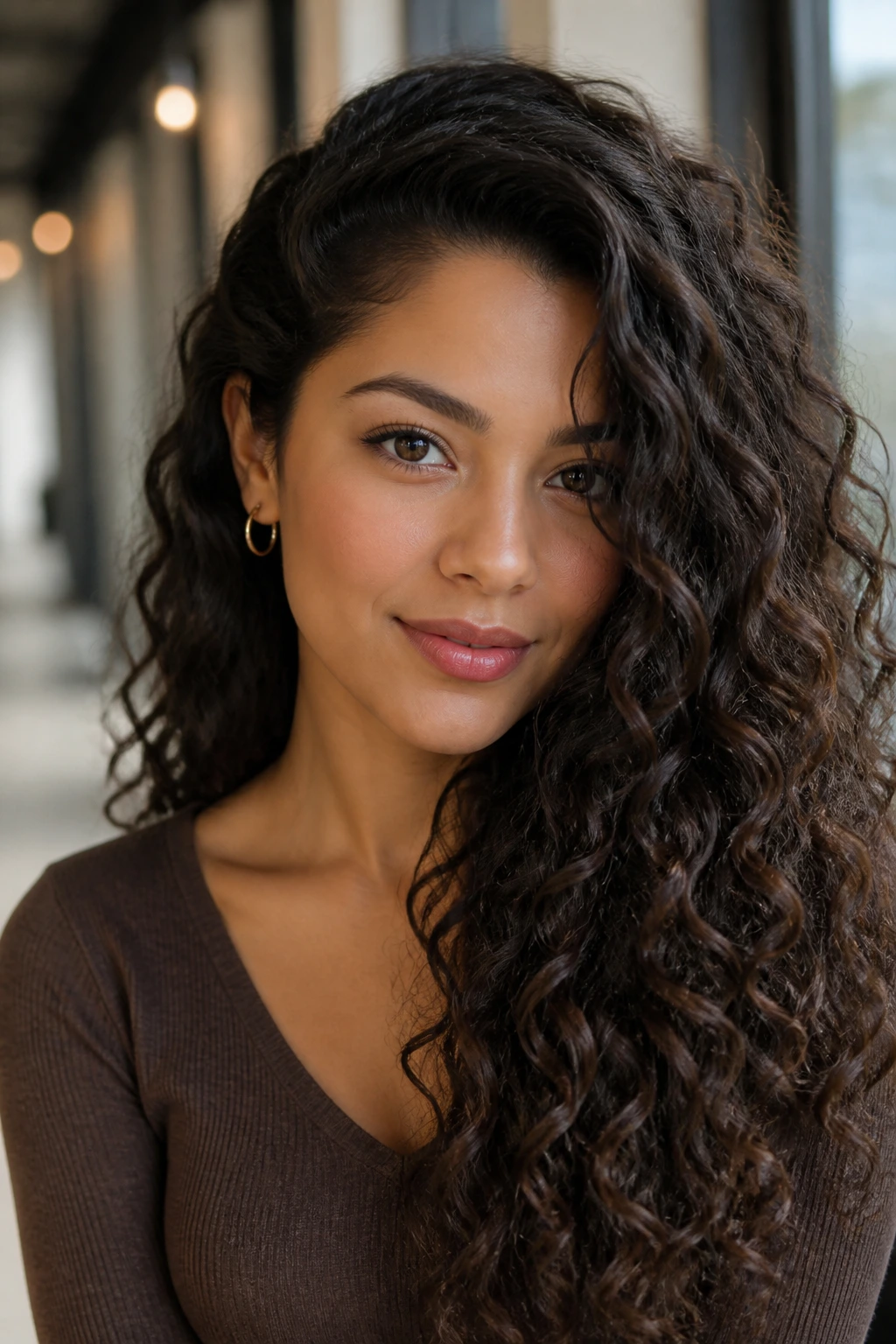 Real person with long curly layers and a deep side part, portrait shot