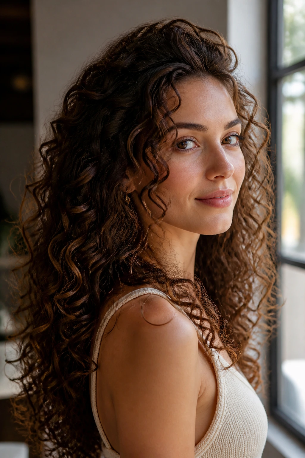 Medium close-up of a real person with long curls and lifted crown