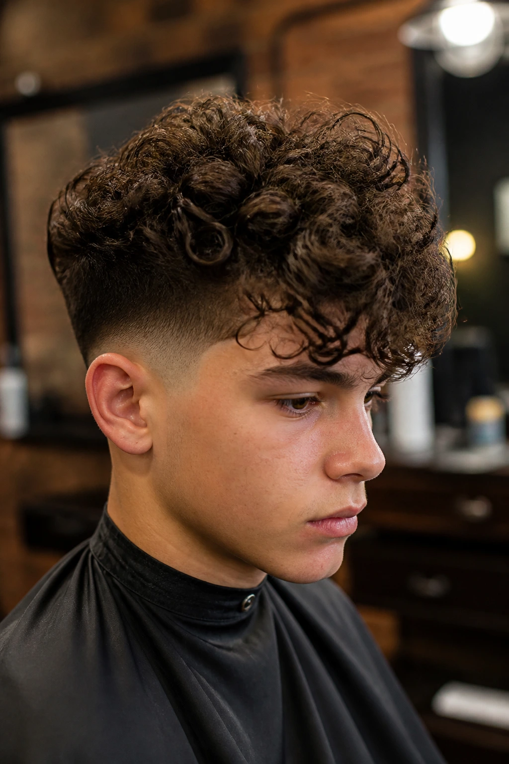 Close-up portrait of a real boy with long curly hair and tapered sides in a barber chair.