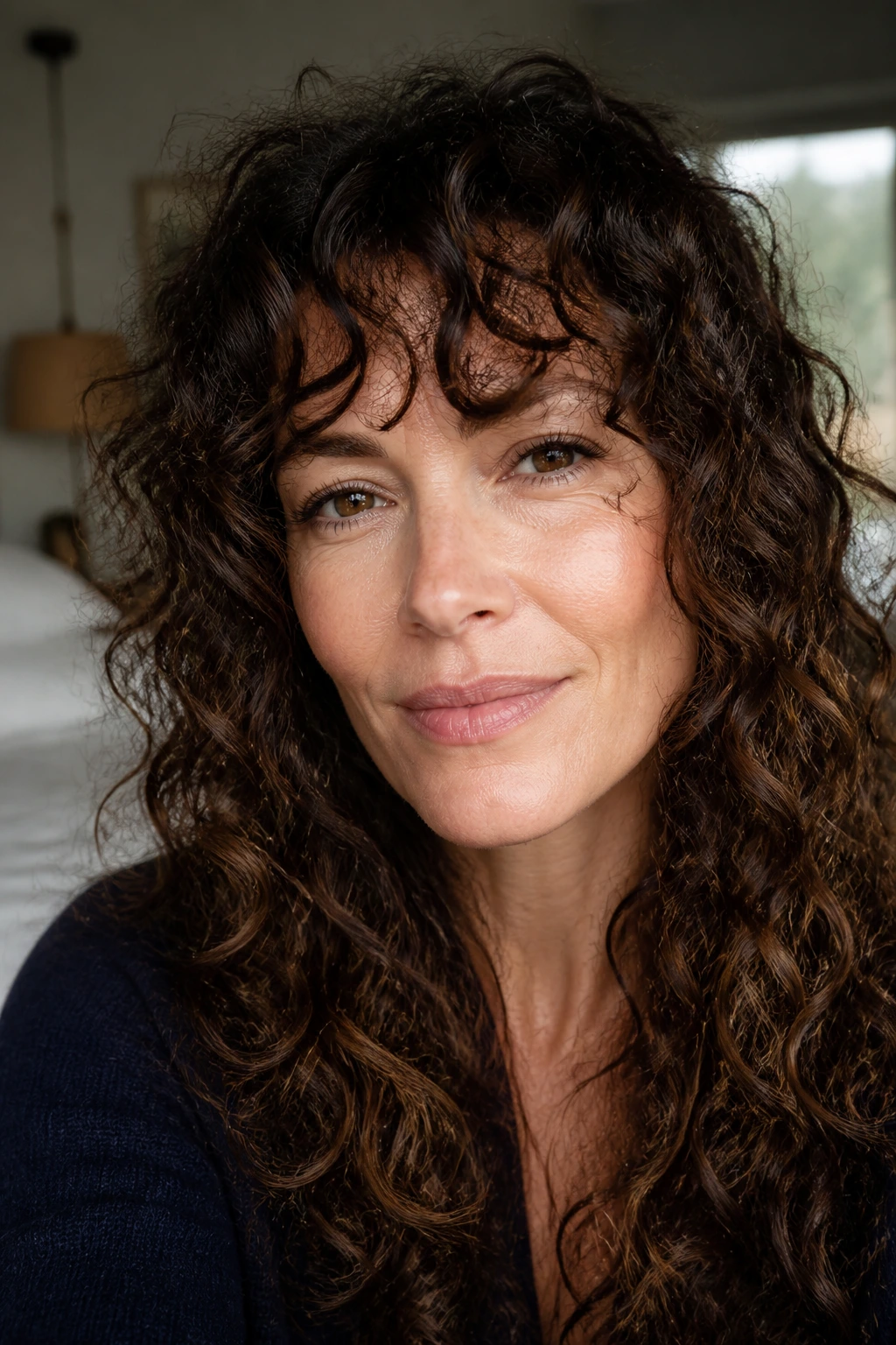 Close-up of a woman with long curly bangs framing her face in soft natural light
