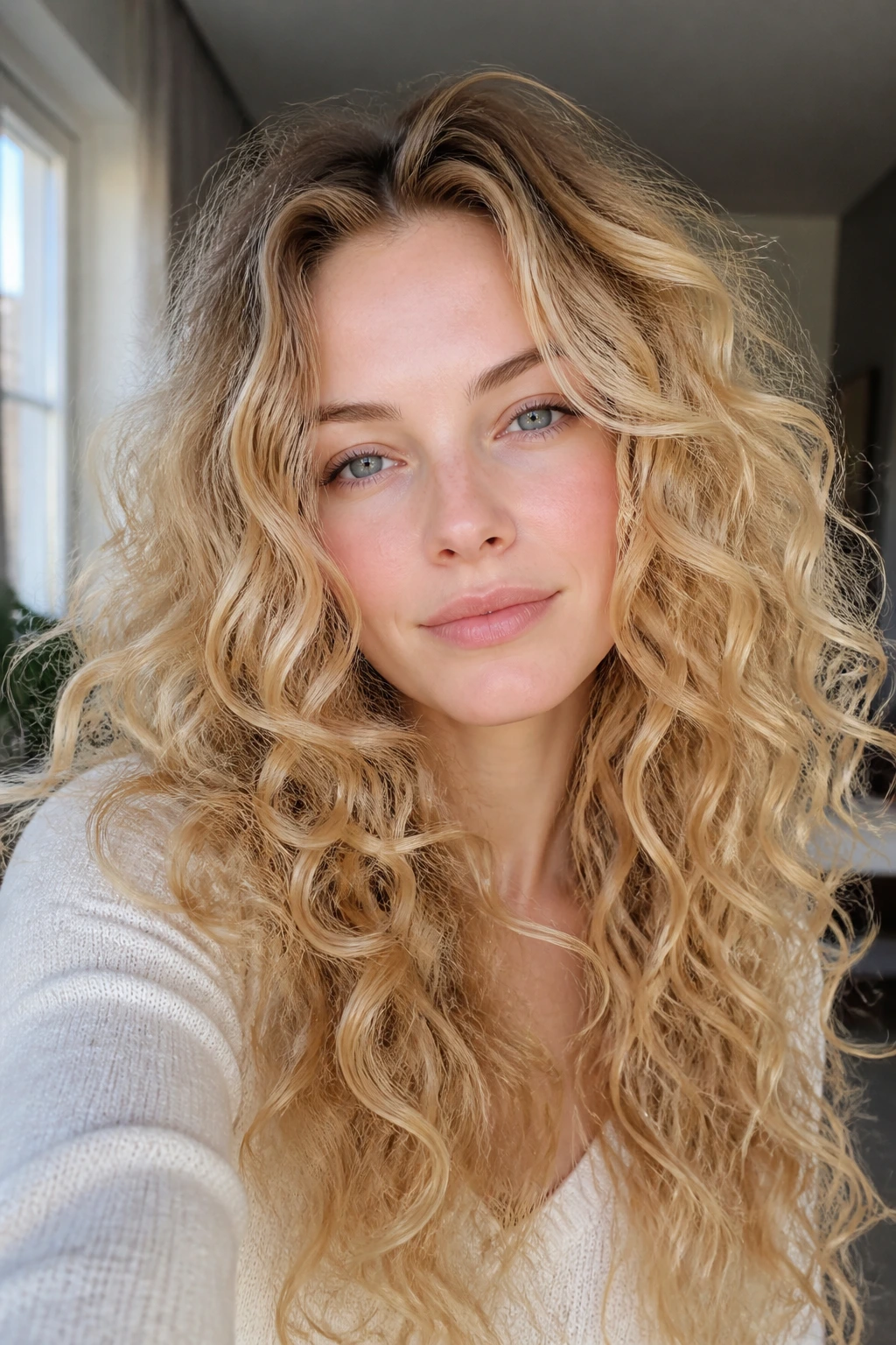 Close-up of a real woman with long curly blonde hair and root shadow in soft natural light.