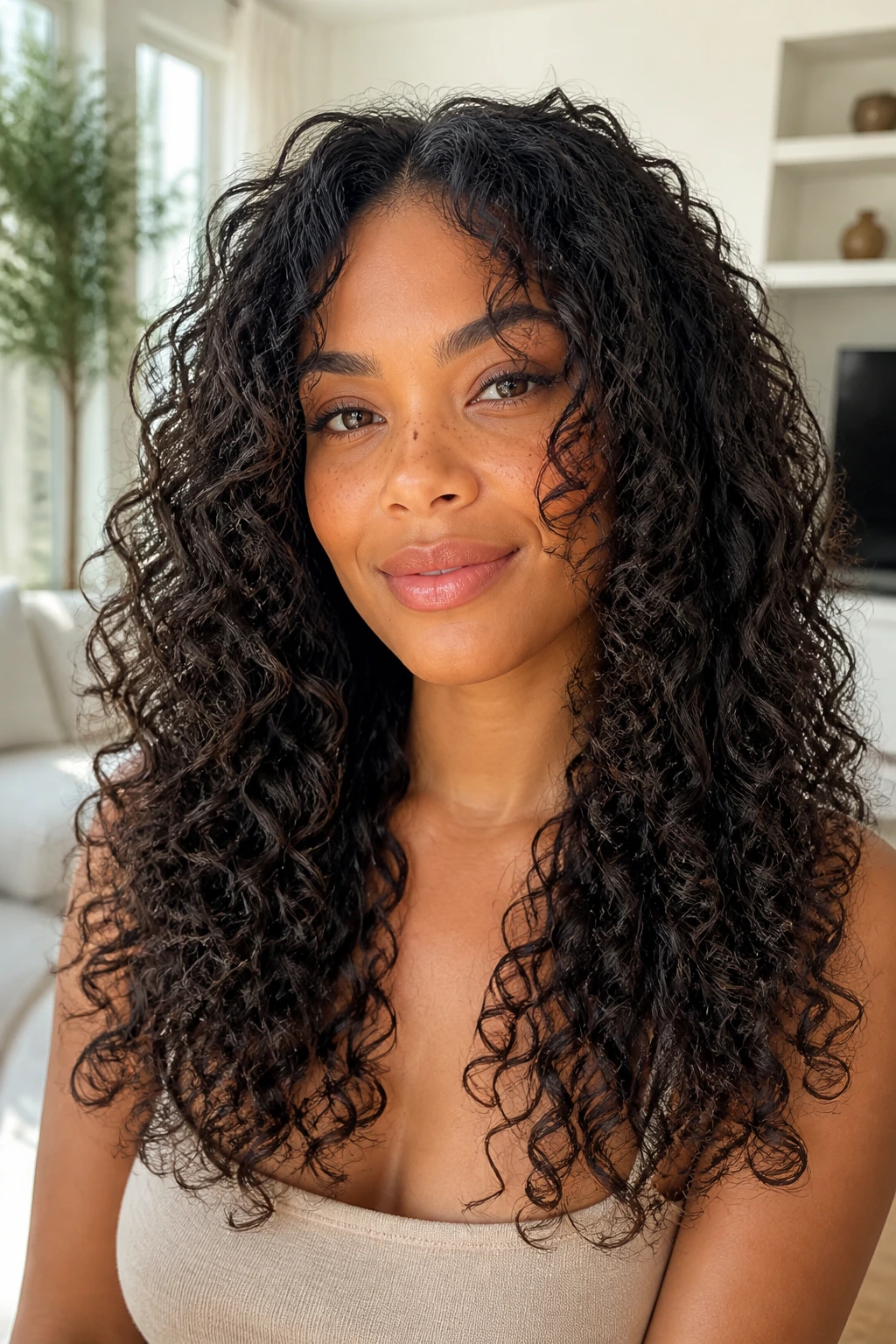 Close-up of a real woman with long curly hair showing internal layers