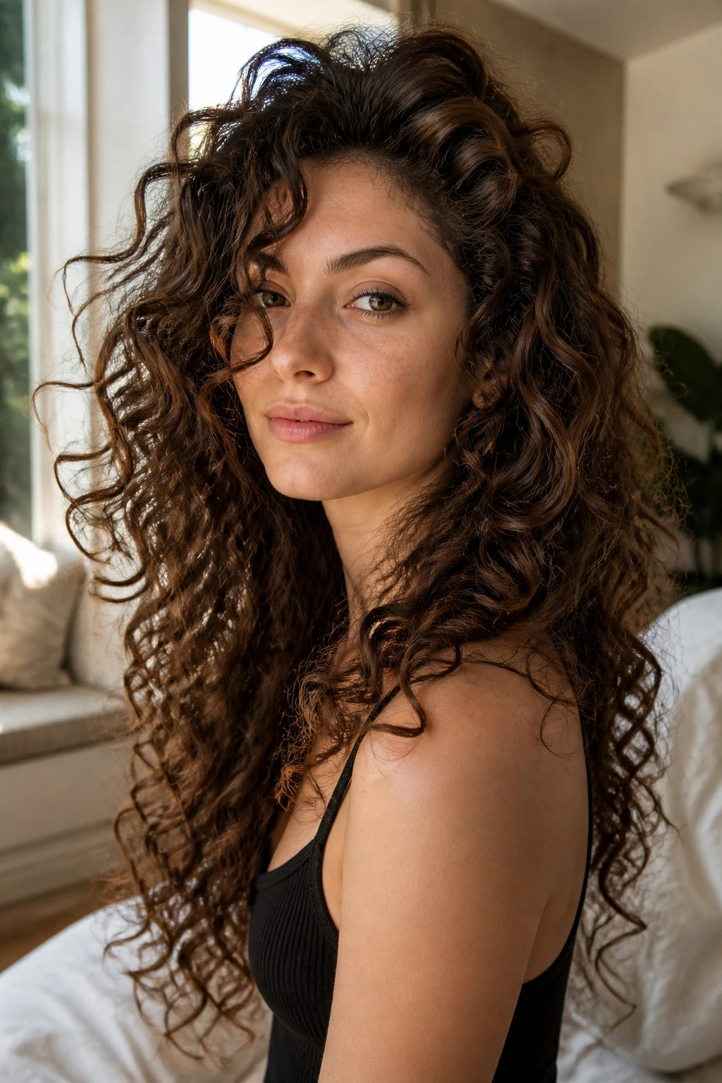 Close-up portrait of a woman with long curly hair showing crown lift