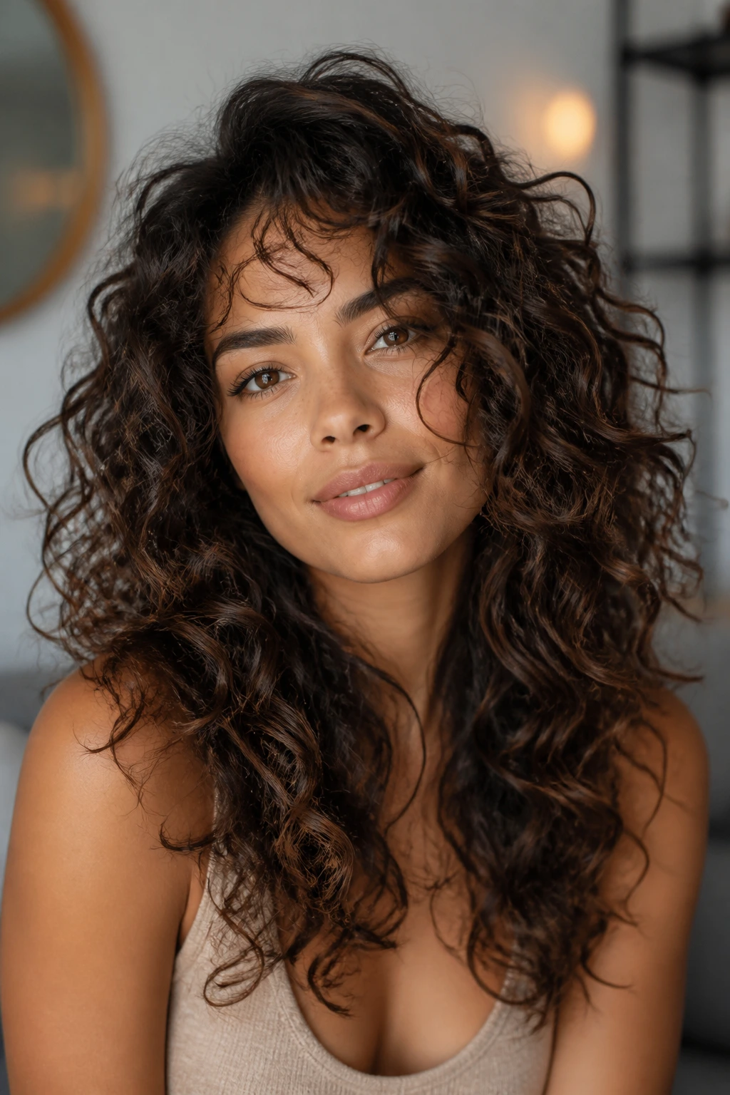 Close-up of a woman with long curly layered hairstyle shaping bounce around the face.