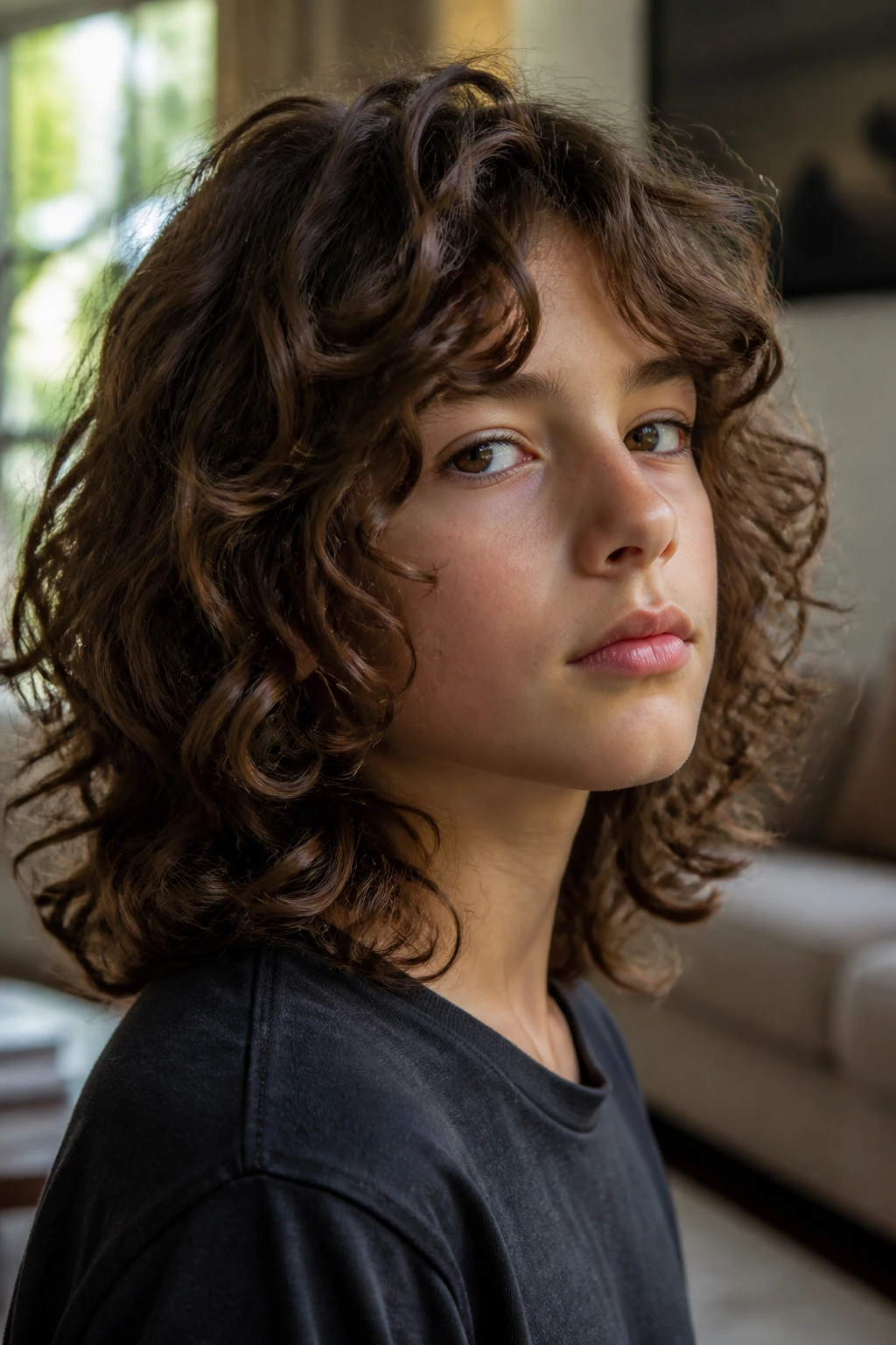 Close-up of a real boy with long curly layers hairstyle in natural daylight
