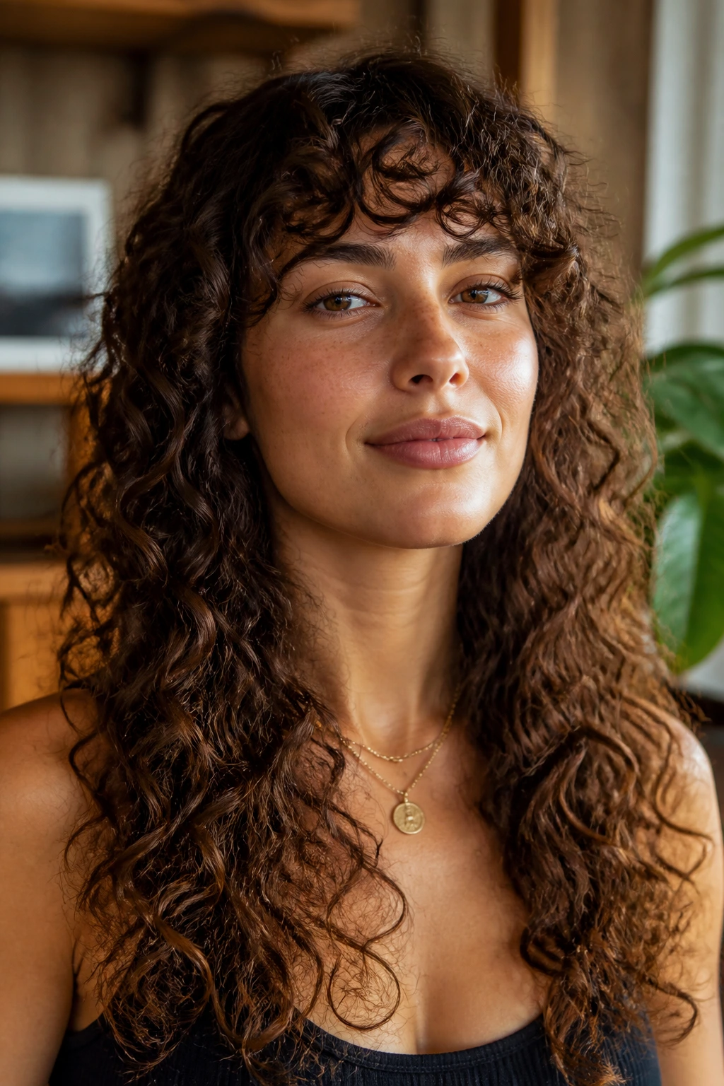 Close-up of a real woman with long curly layers and curly bangs in warm ambient light