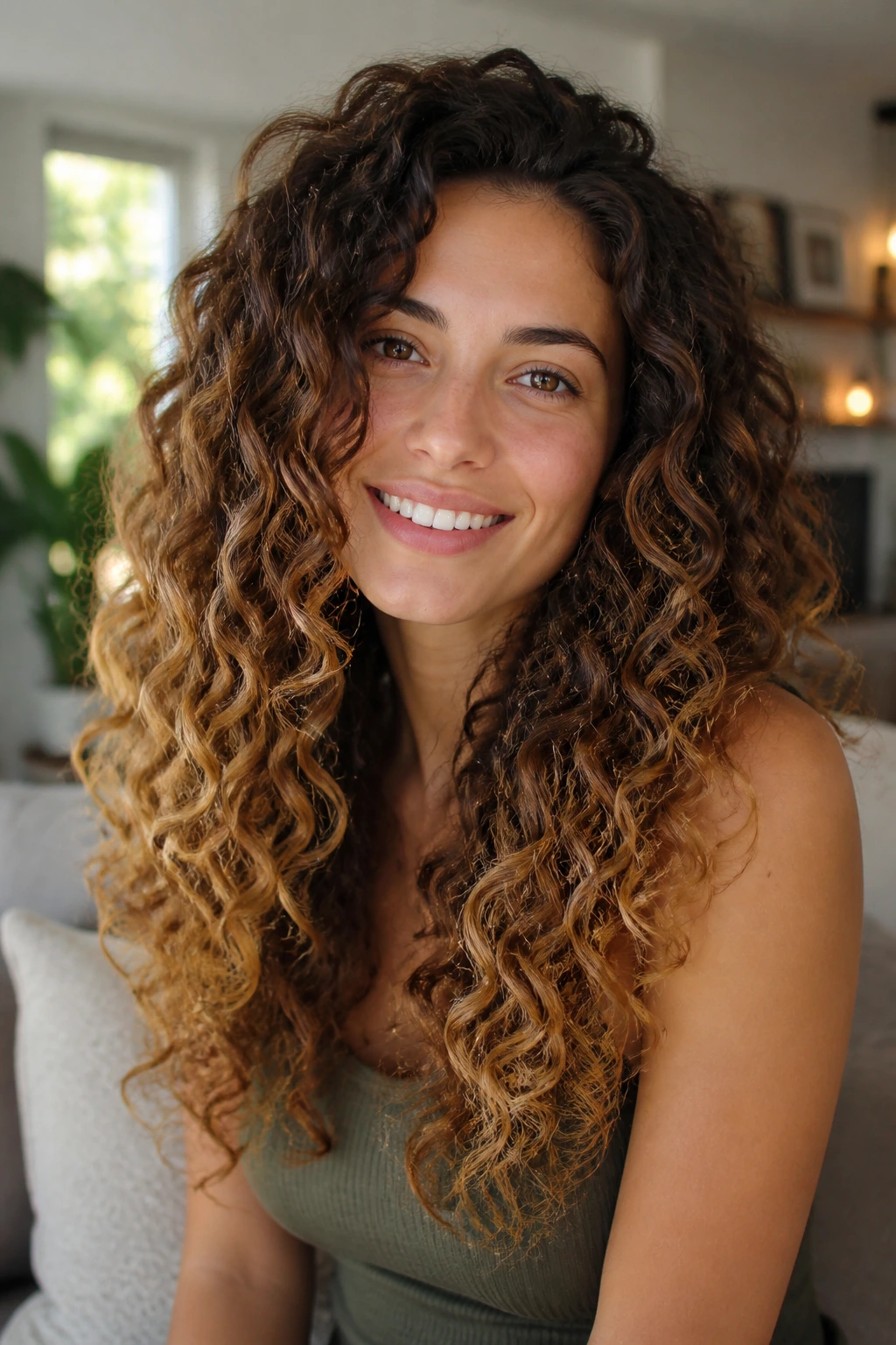 Close-up of long curly layers with honeyed ends on a real woman