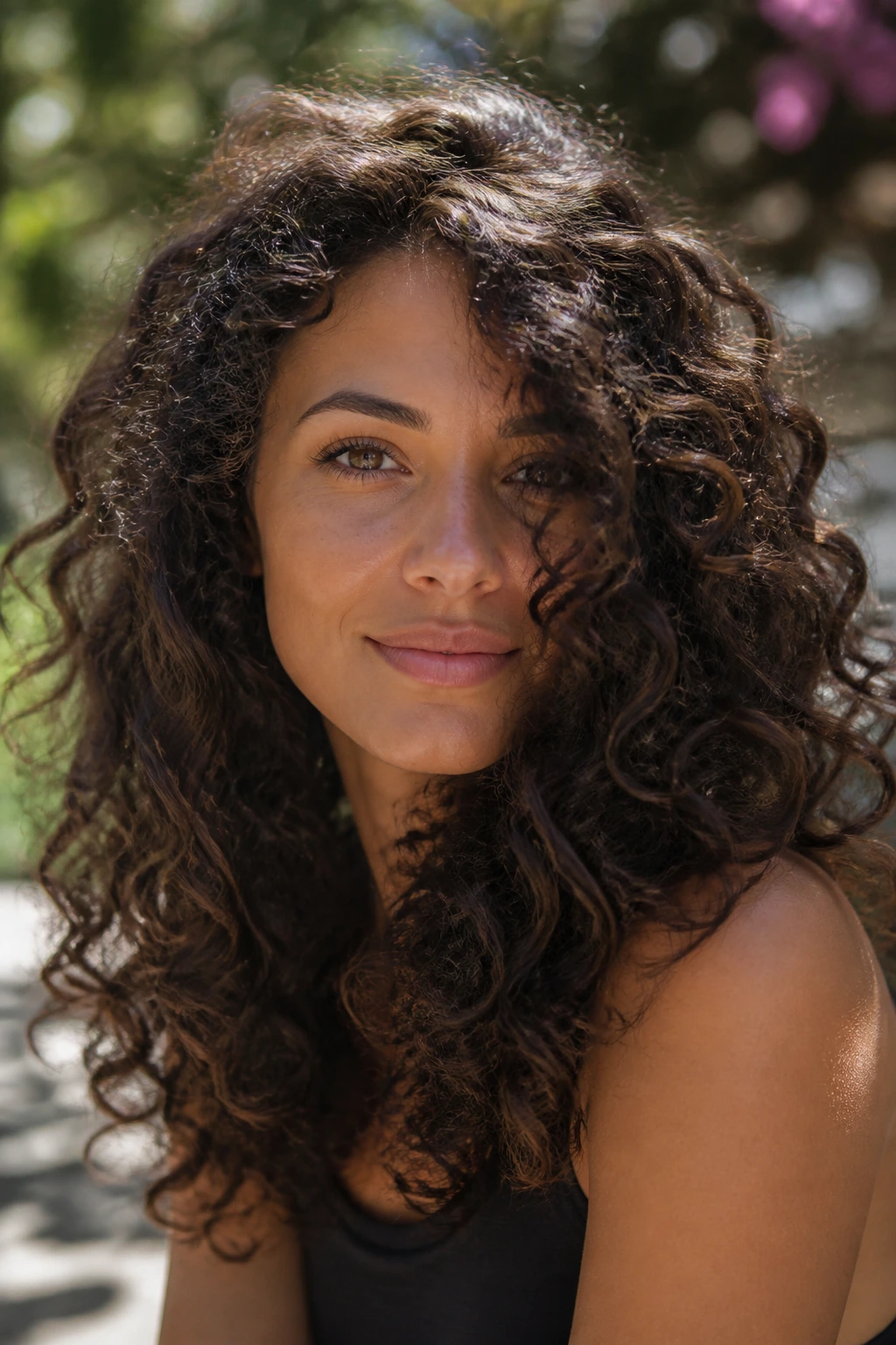 Close-up of a real woman with Long Curly Layers With a Side Fall