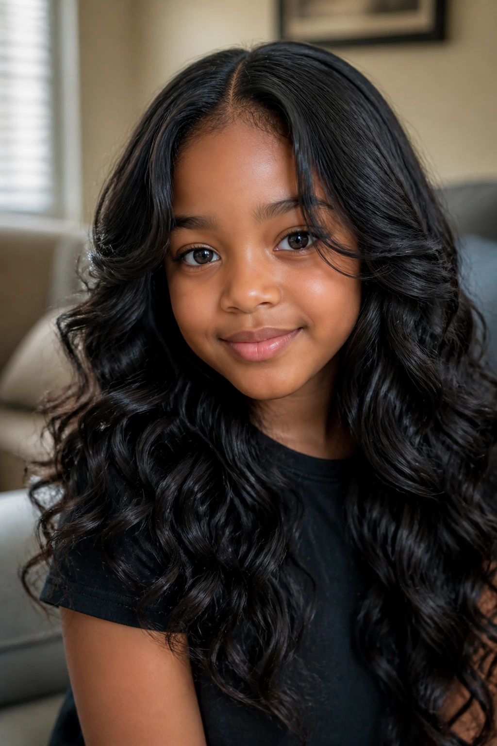 Real child with long curly sew-in and face-framing layers