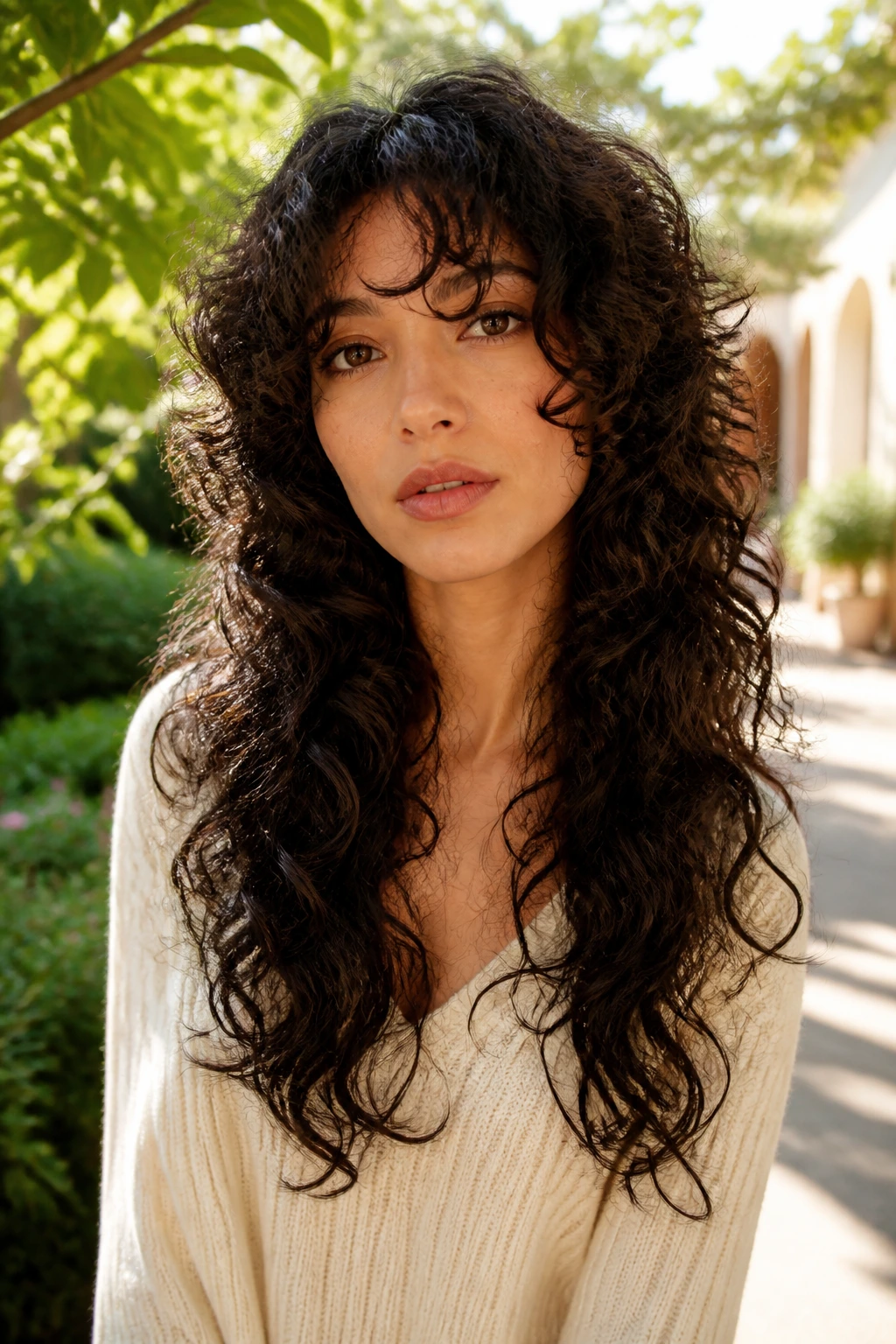 Real woman with long curly shag and subtle internal layers in a sunlit garden