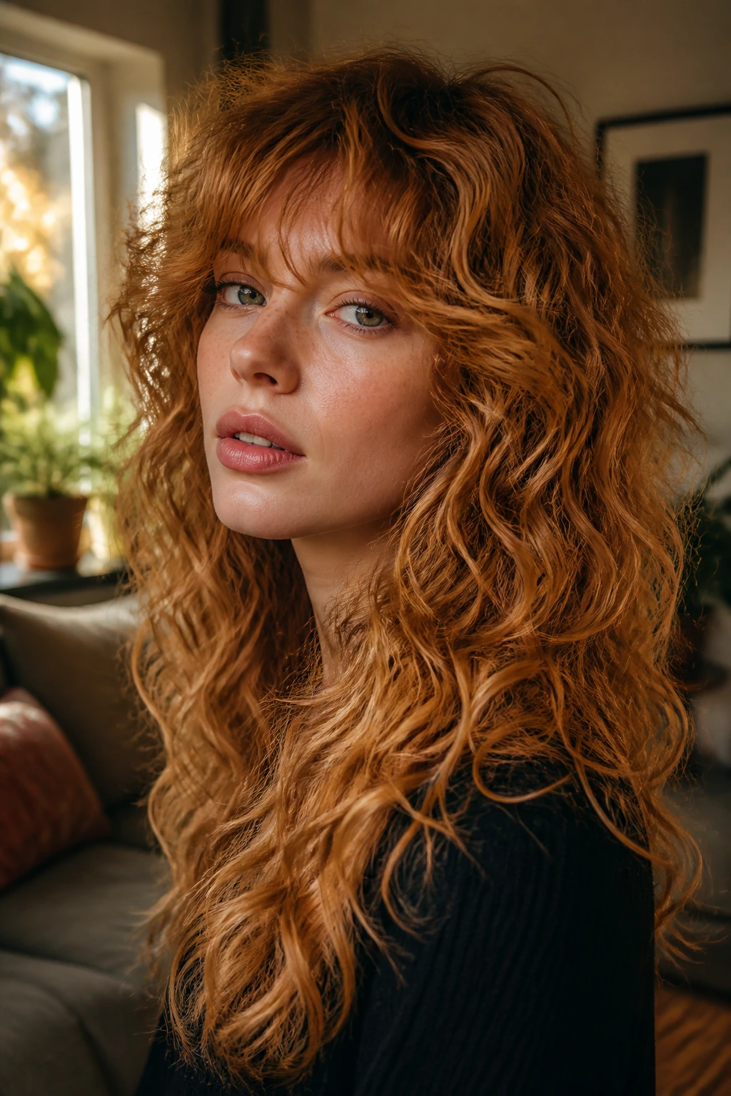 Portrait of a real woman with long curly strawberry blonde shag hairstyle