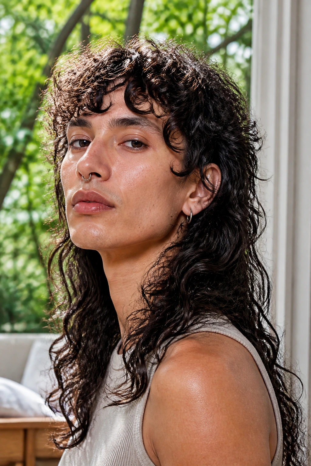 Close-up of a person with long curly shullet