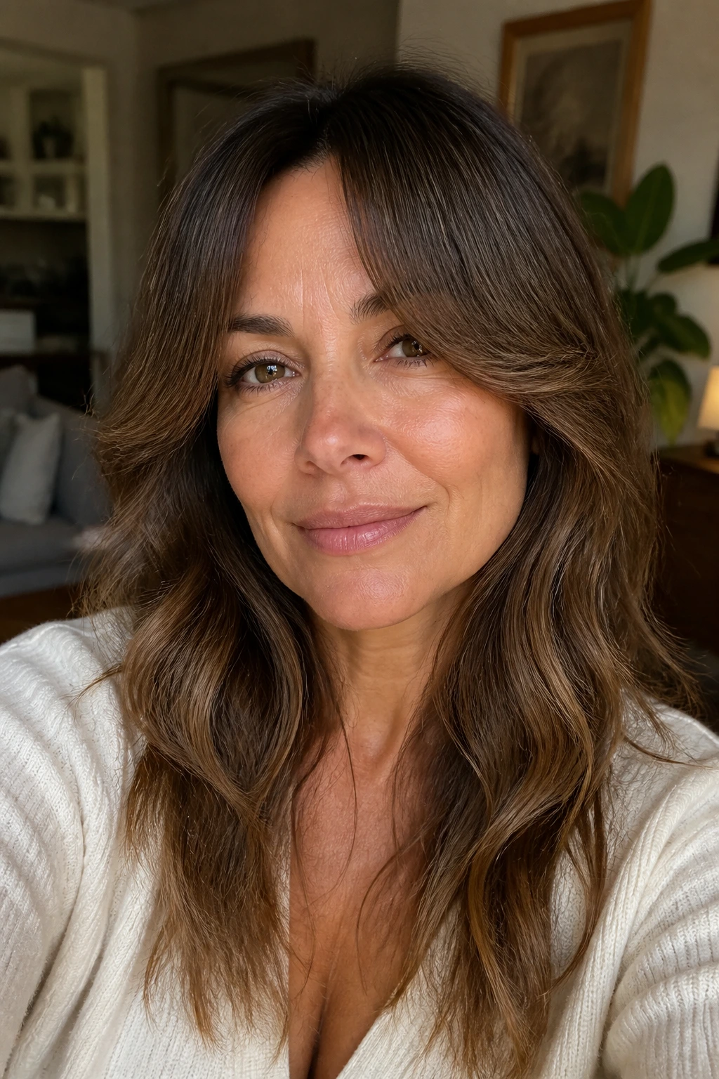 Close-up of a real woman with long curtain bangs and carved ends