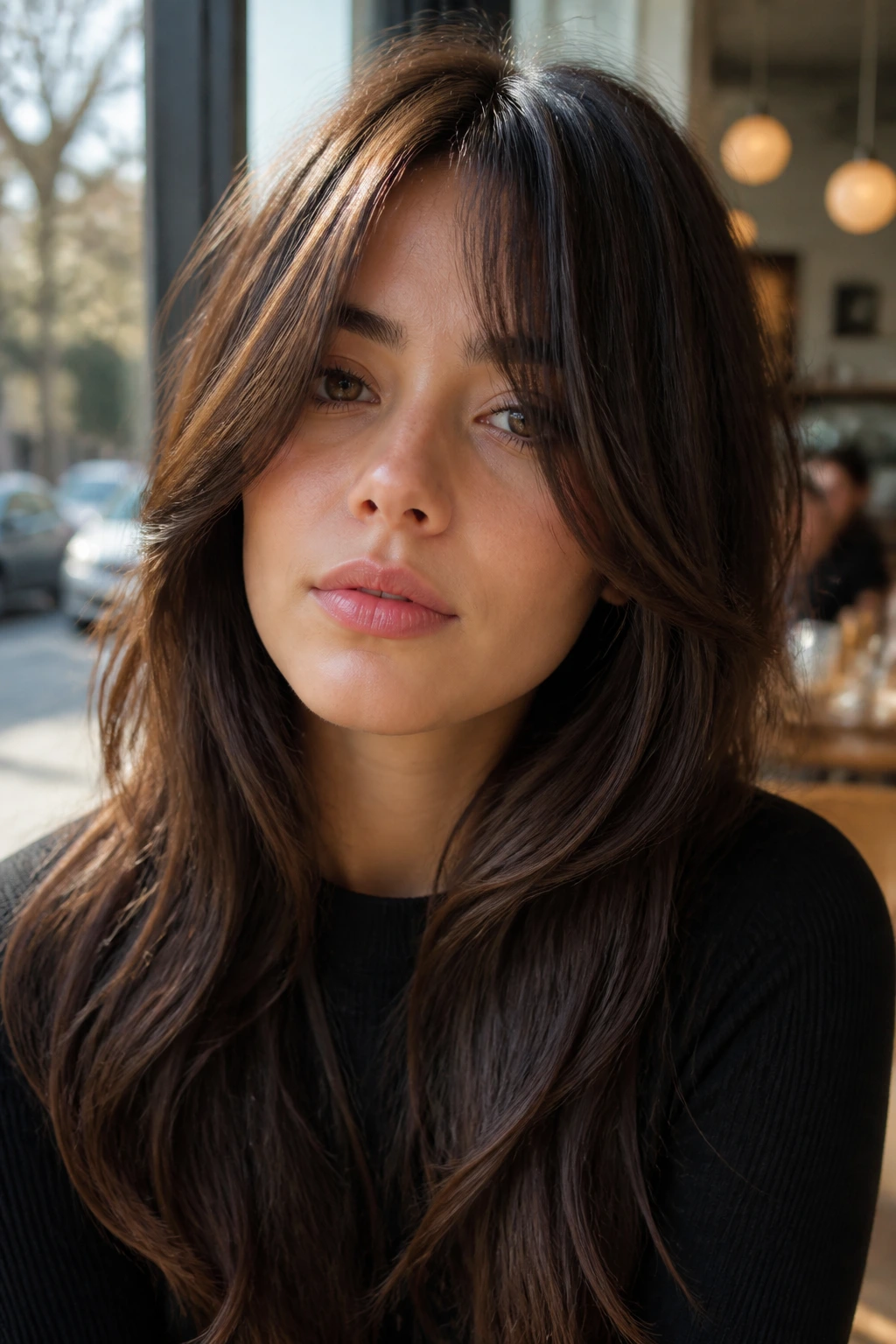Close-up portrait of a real woman with long curtain bangs sweeping to the jawline in cafe light