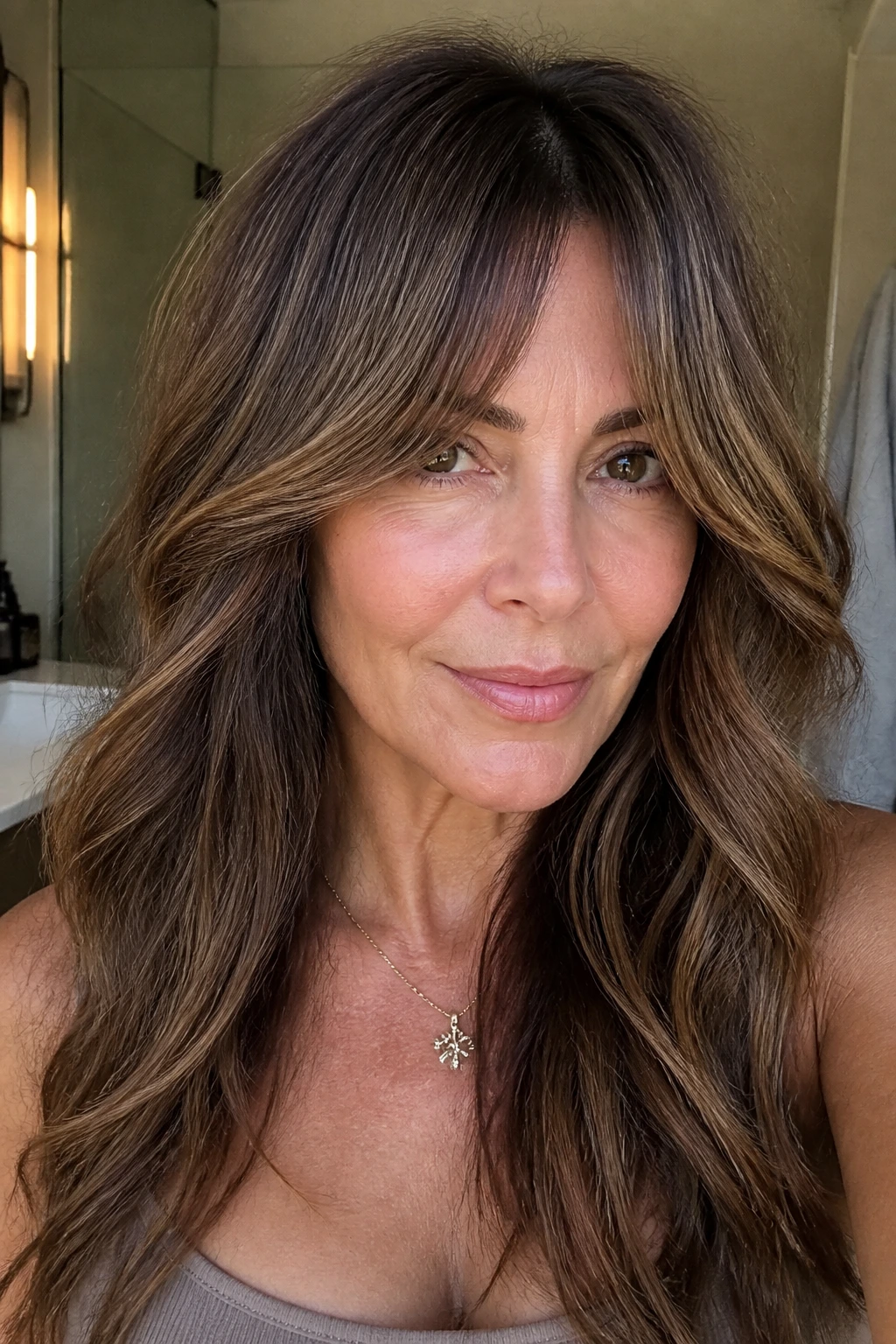 Close-up of a real woman with long curtain bangs centered-open across the face