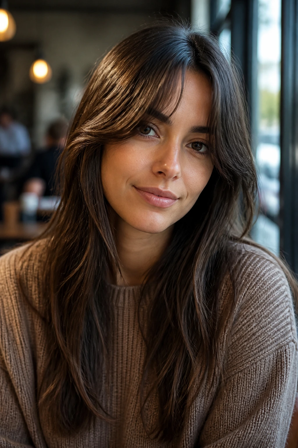 Close-up of a real woman with long curtain crescent bangs in a cafe setting