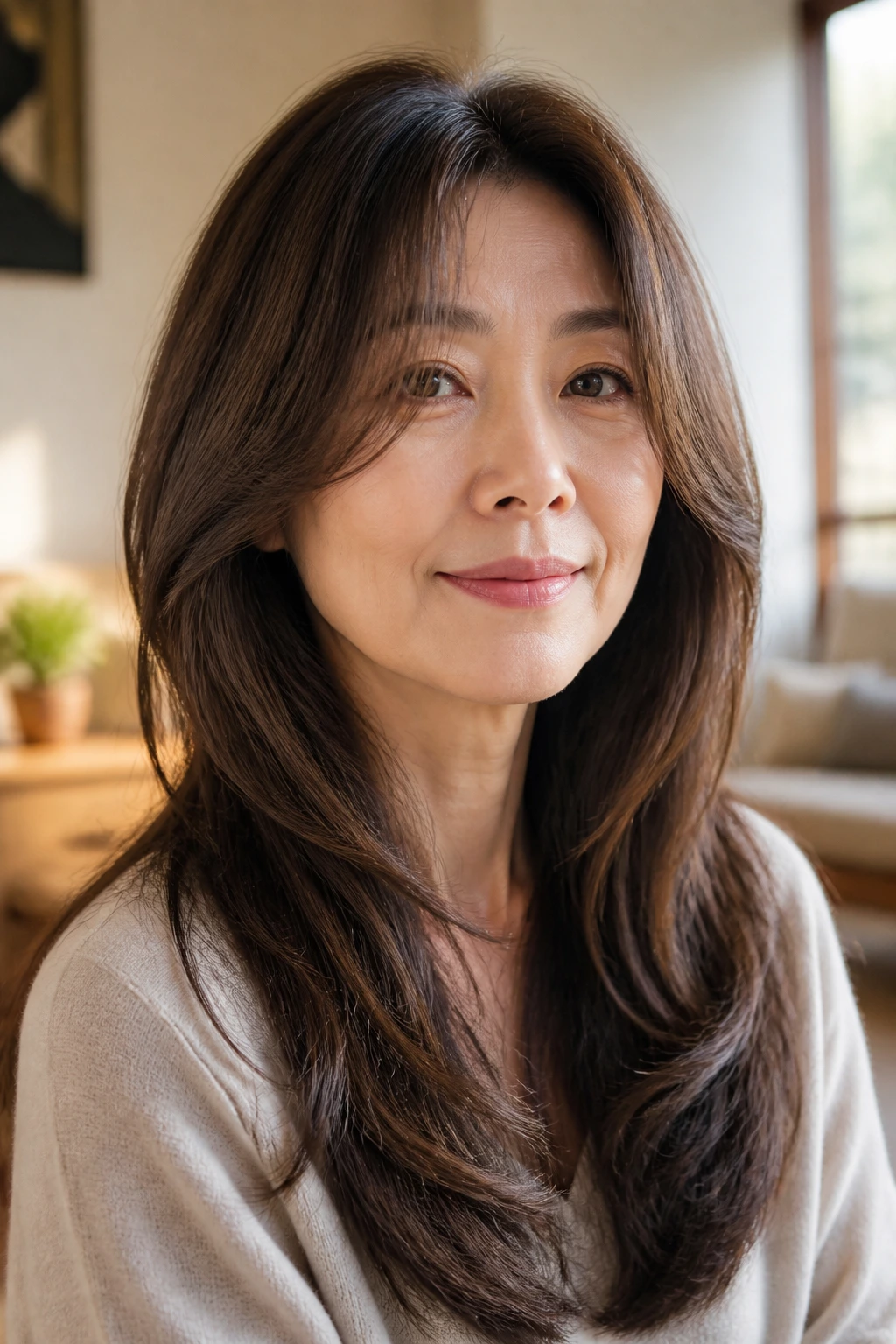 Portrait of woman with long curtain-frame cut and gentle volume