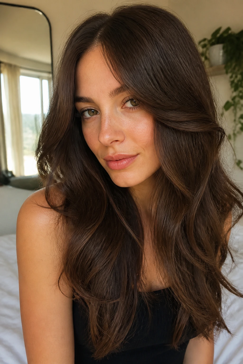 Brunette with long curtain layers framing face in natural light