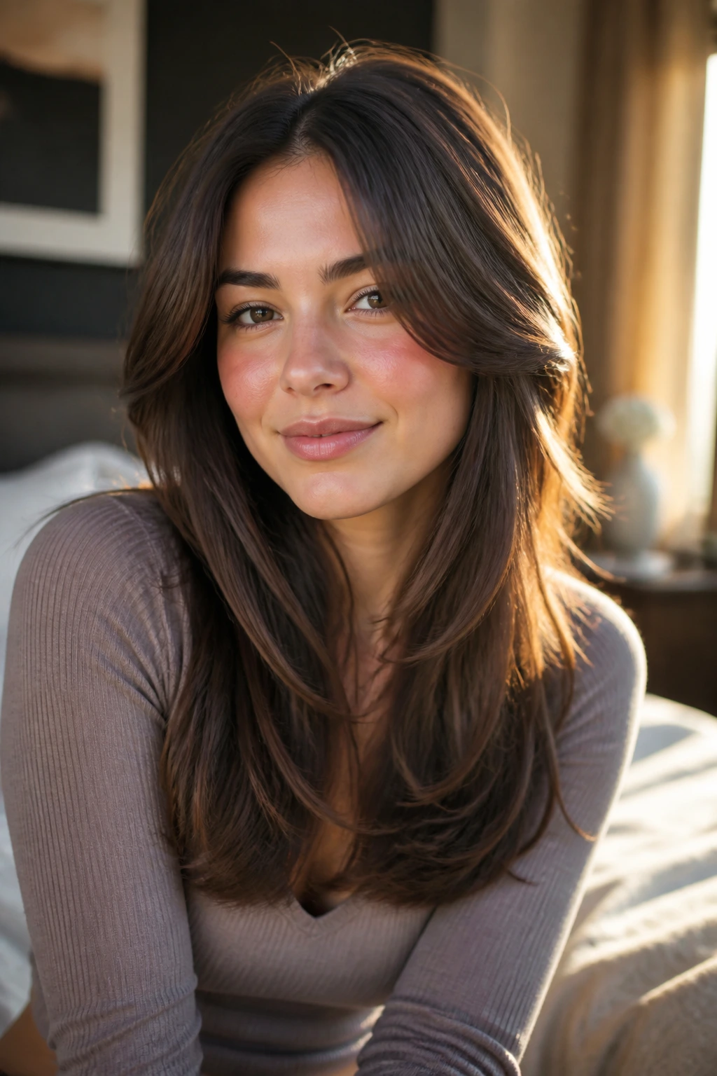 Close-up portrait of a real woman with long face-framing layered haircut in warm window light